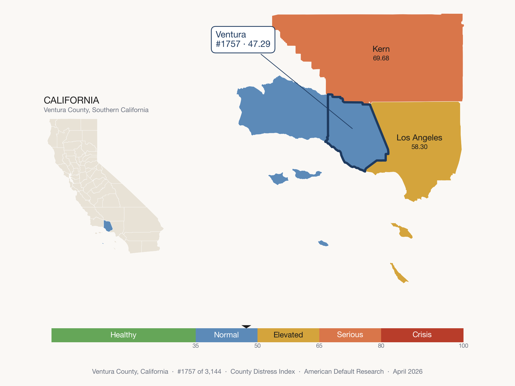 County Distress Index cluster map. Ventura County, California and its neighbors colored by distress fifth.