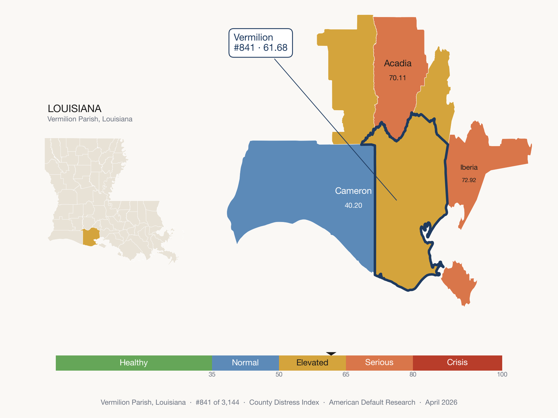 County Distress Index cluster map. Vermilion Parish, Louisiana and its neighbors colored by distress fifth.