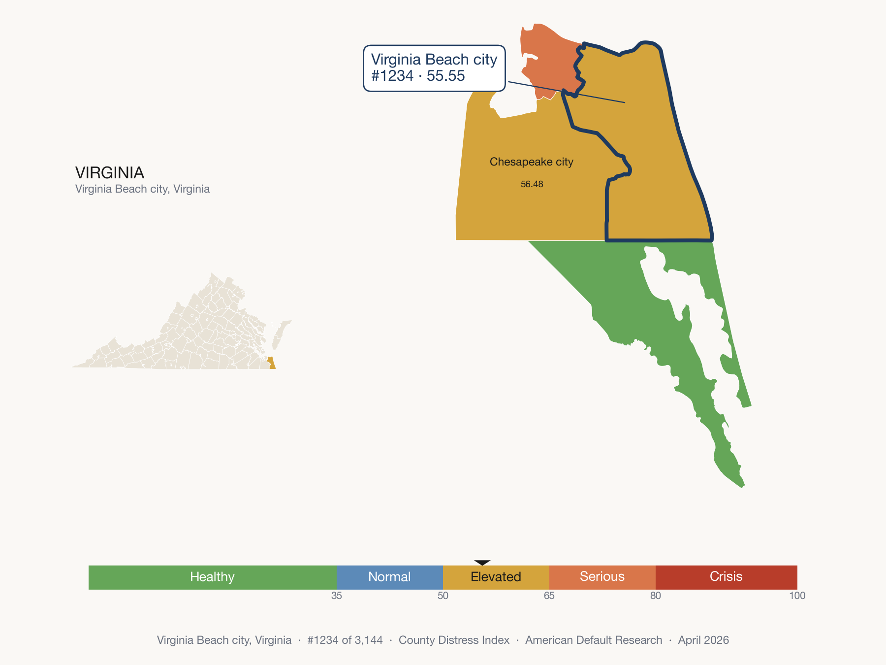 County Distress Index cluster map. Virginia Beach city, Virginia and its neighbors colored by distress fifth.