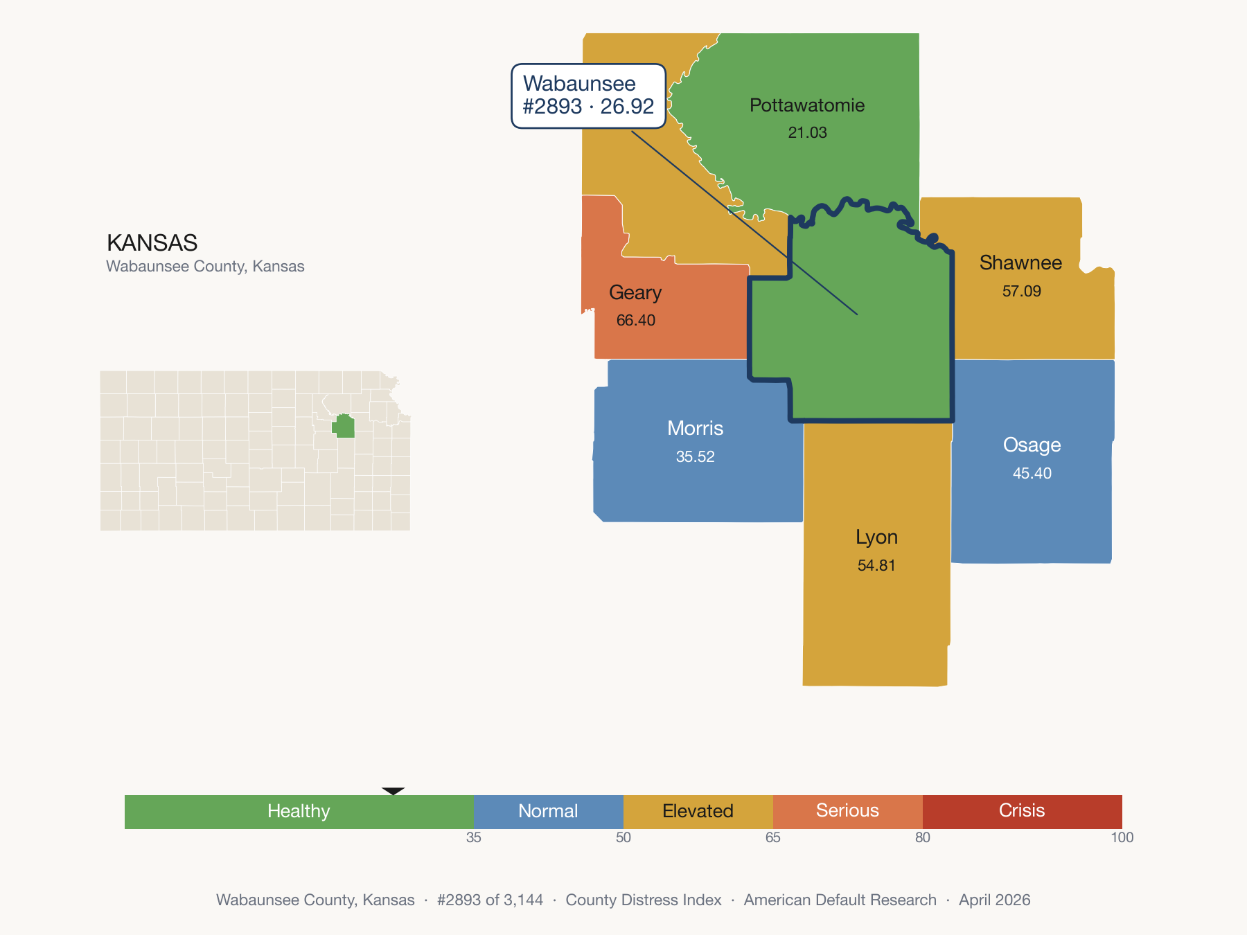 County Distress Index cluster map. Wabaunsee County, Kansas and its neighbors colored by distress fifth.