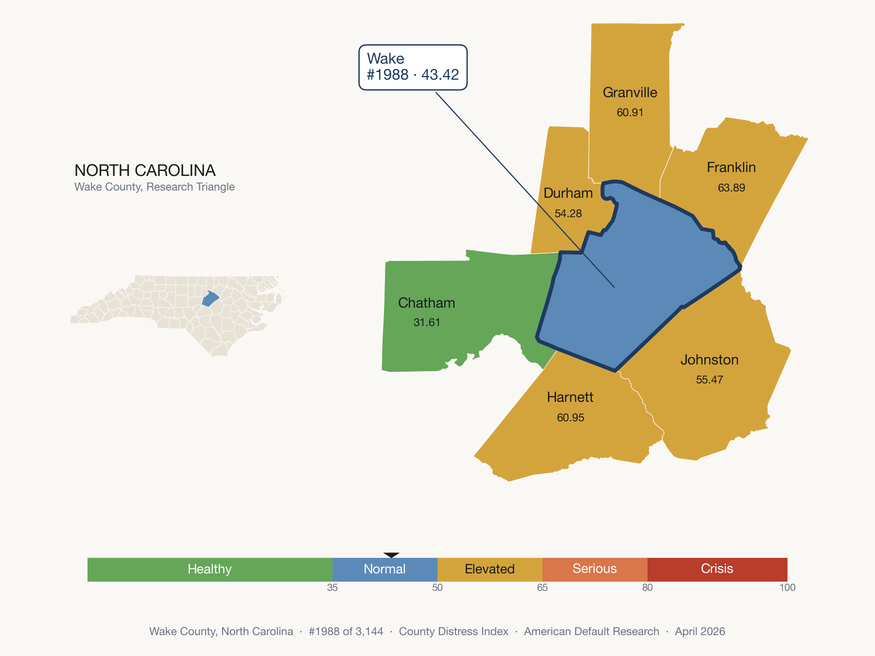 County Distress Index cluster map. Wake County, North Carolina and its neighbors colored by distress fifth.