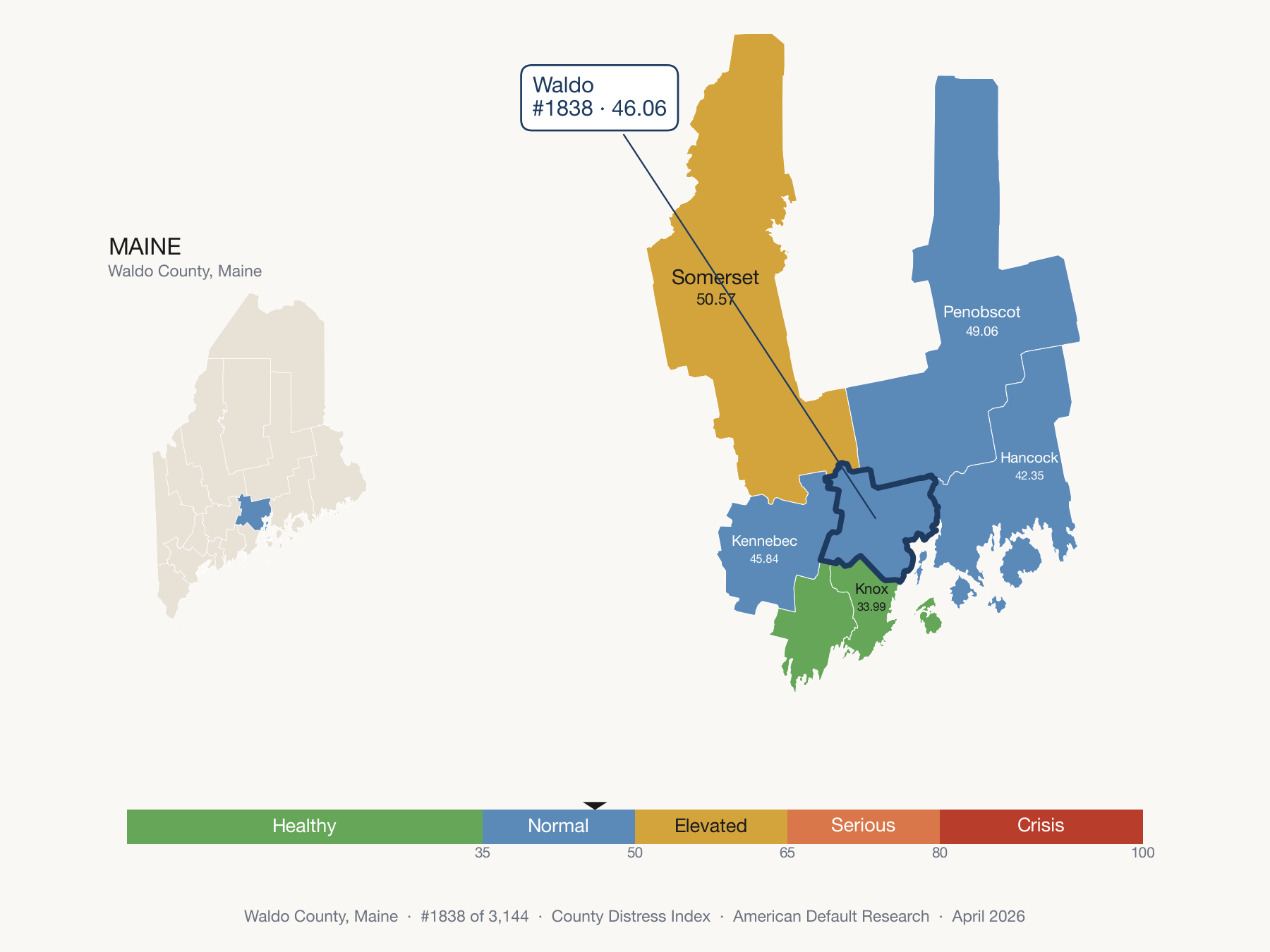 County Distress Index cluster map. Waldo County, Maine and its neighbors colored by distress fifth.