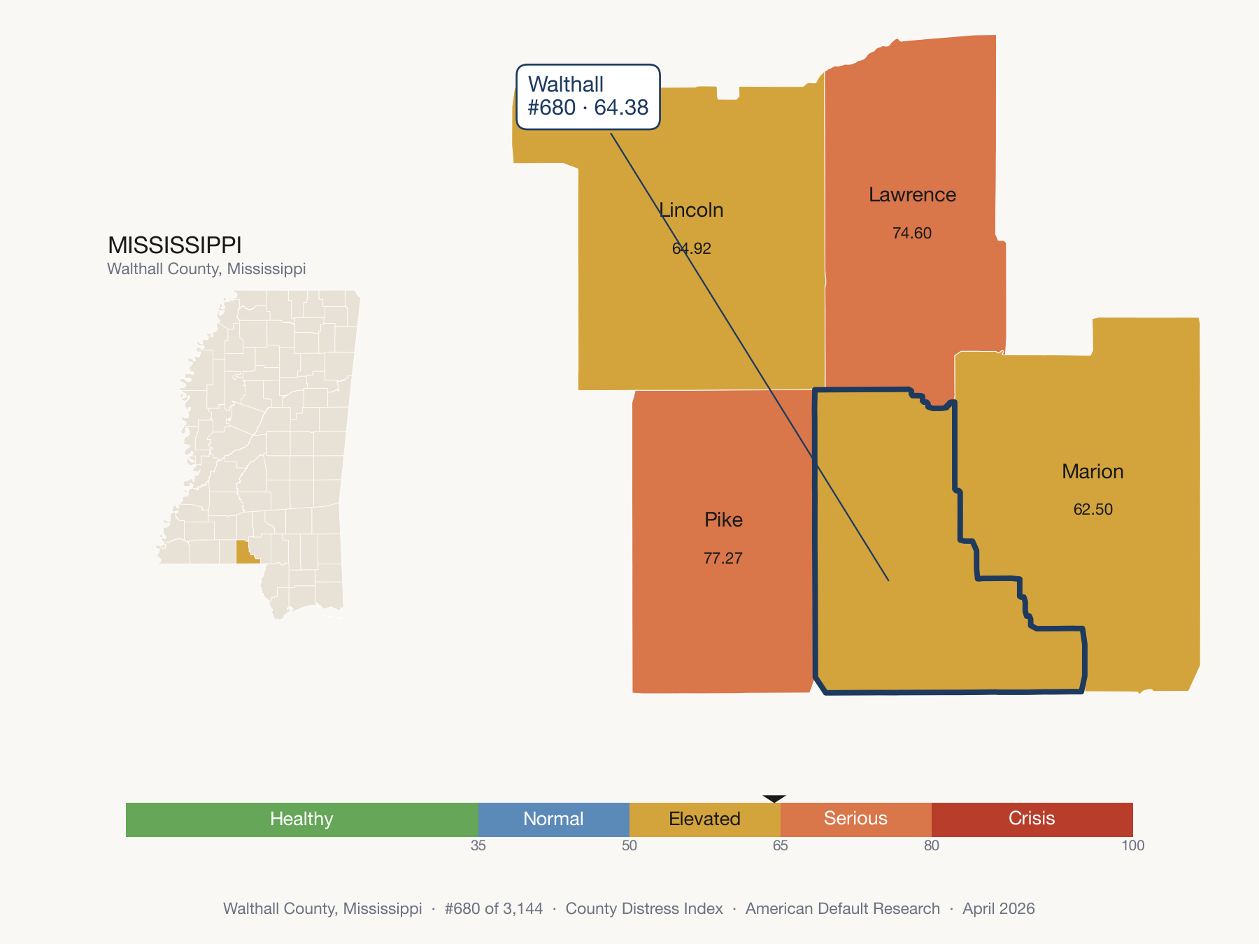 County Distress Index cluster map. Walthall County, Mississippi and its neighbors colored by distress fifth.