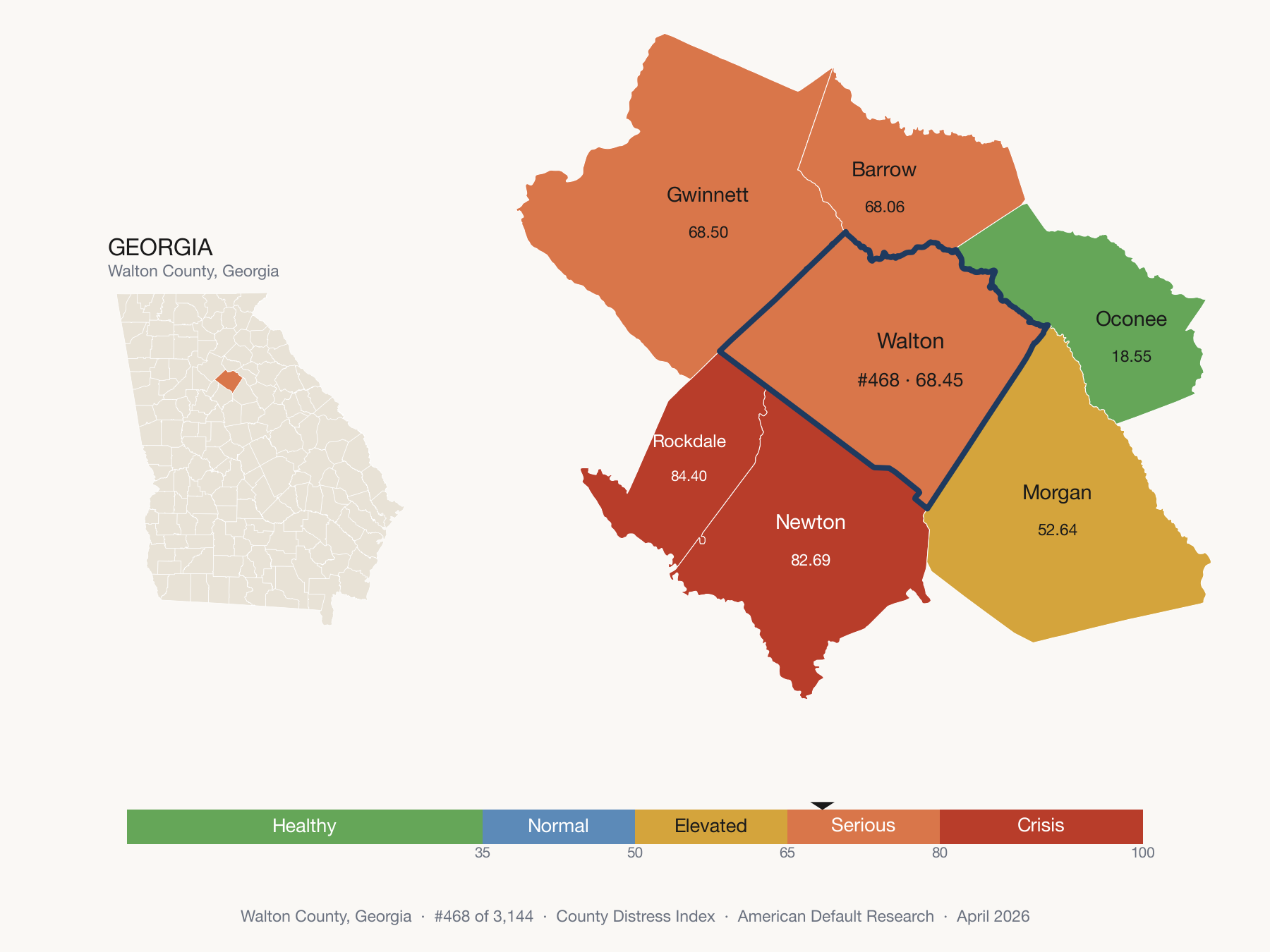 County Distress Index cluster map. Walton County, Georgia and its neighbors colored by distress fifth.