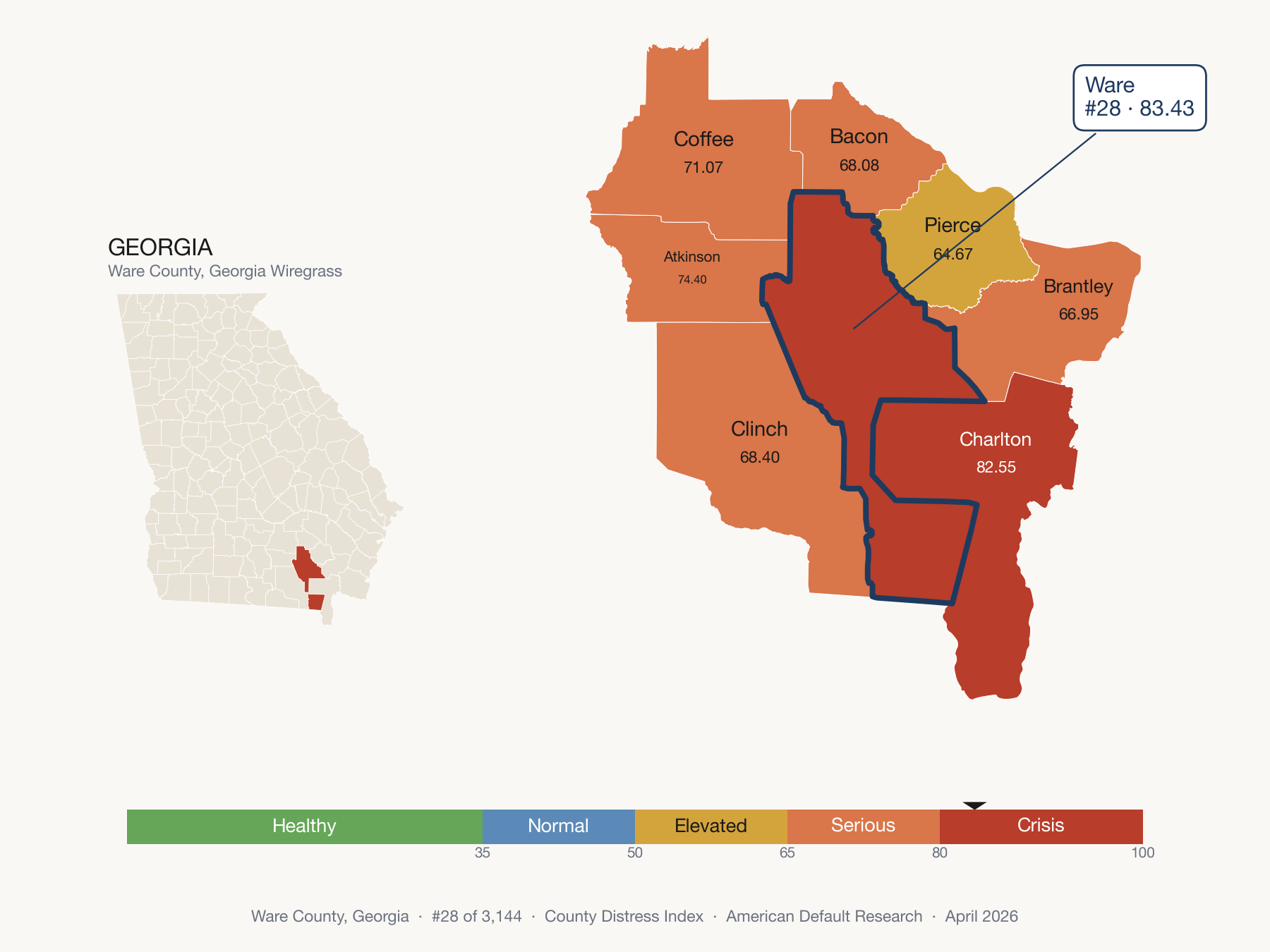 County Distress Index cluster map. Ware County, Georgia and its neighbors colored by distress fifth.