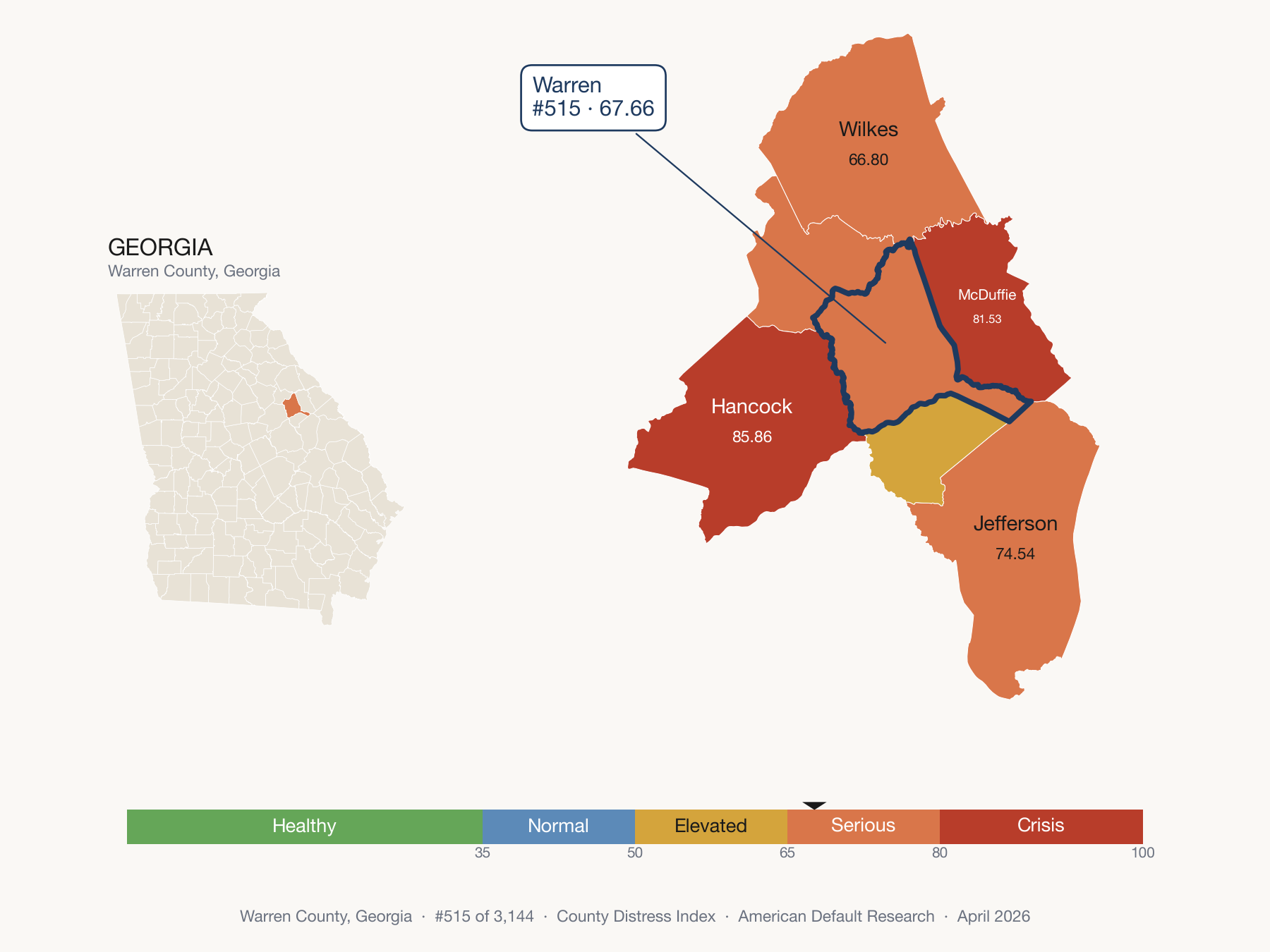 County Distress Index cluster map. Warren County, Georgia and its neighbors colored by distress fifth.