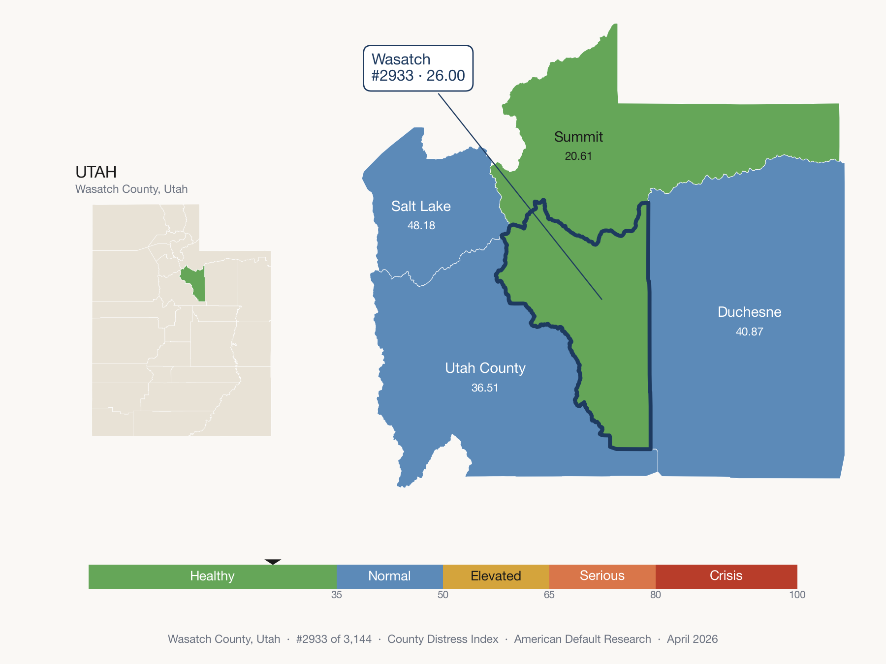 County Distress Index cluster map. Wasatch County, Utah and its neighbors colored by distress fifth.