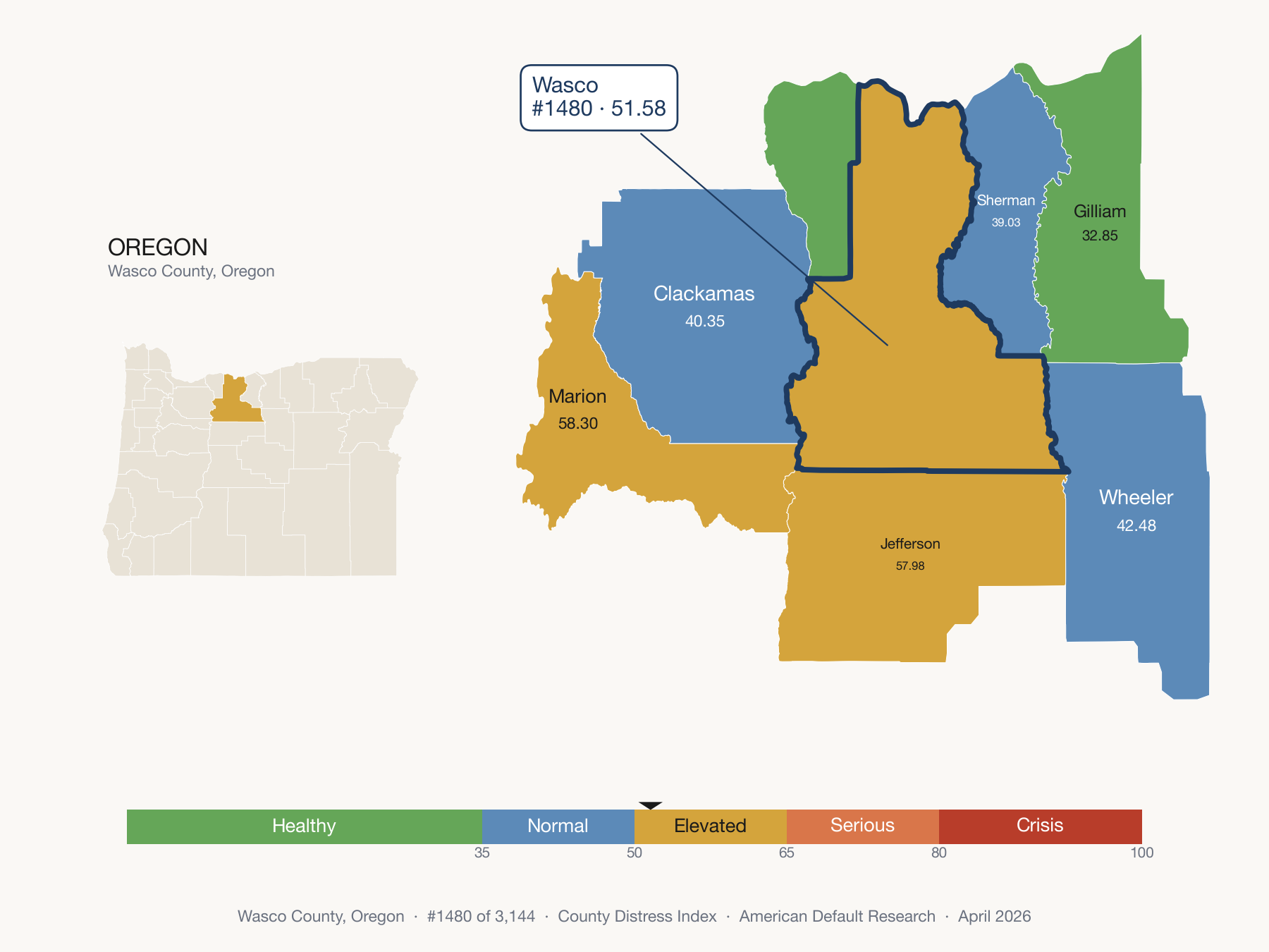 County Distress Index cluster map. Wasco County, Oregon and its neighbors colored by distress fifth.