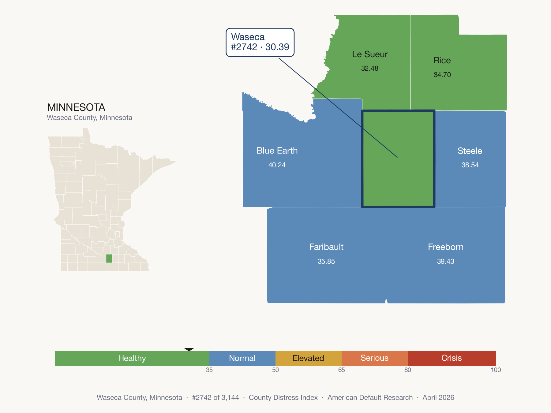 County Distress Index cluster map. Waseca County, Minnesota and its neighbors colored by distress fifth.