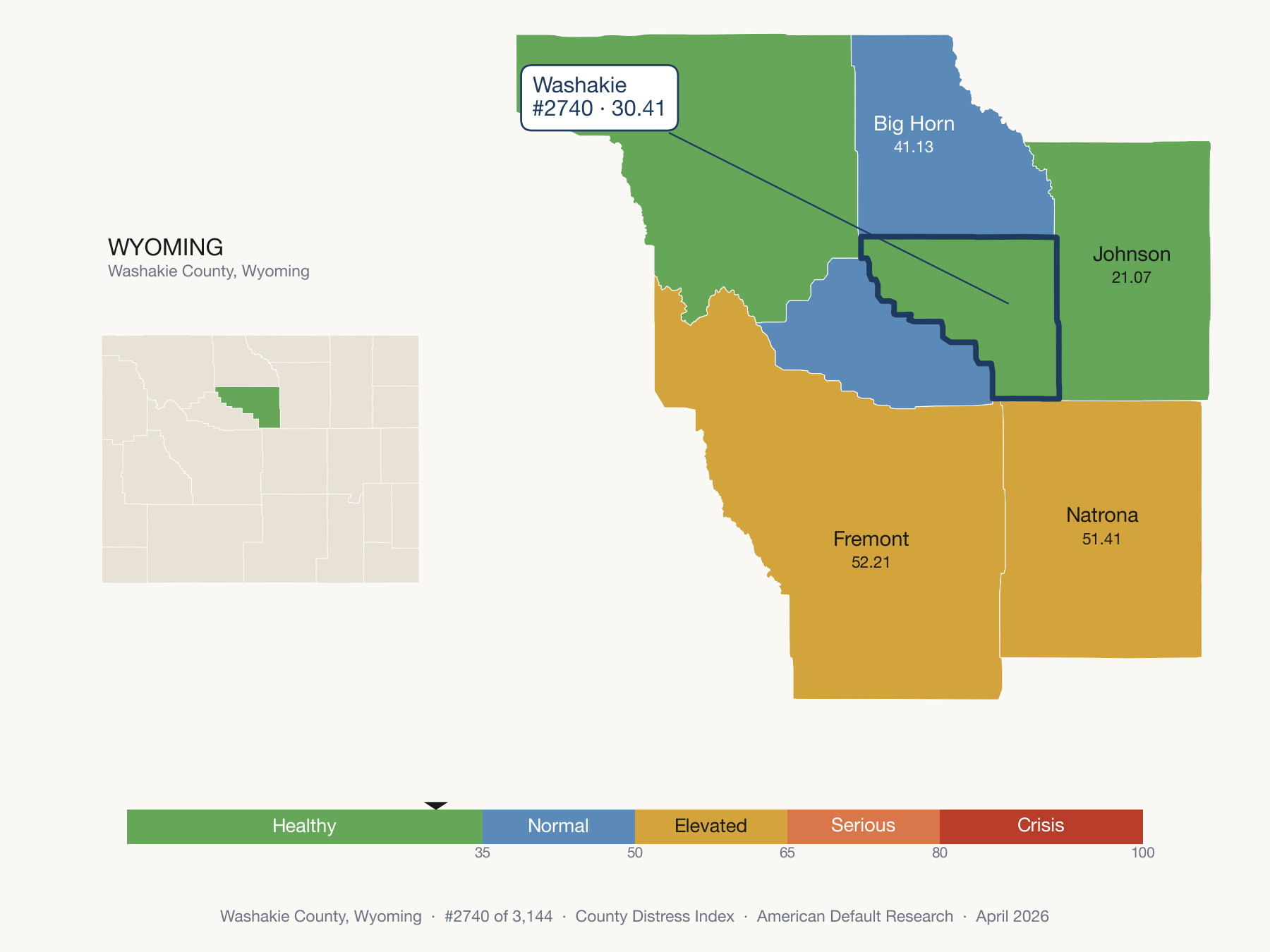 County Distress Index cluster map. Washakie County, Wyoming and its neighbors colored by distress fifth.