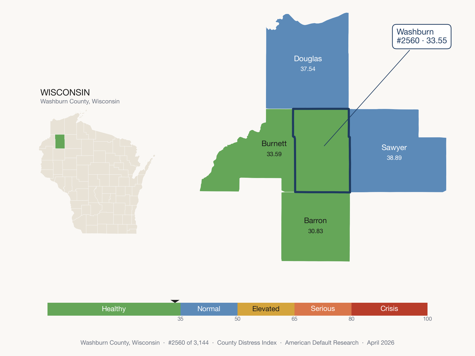County Distress Index cluster map. Washburn County, Wisconsin and its neighbors colored by distress fifth.