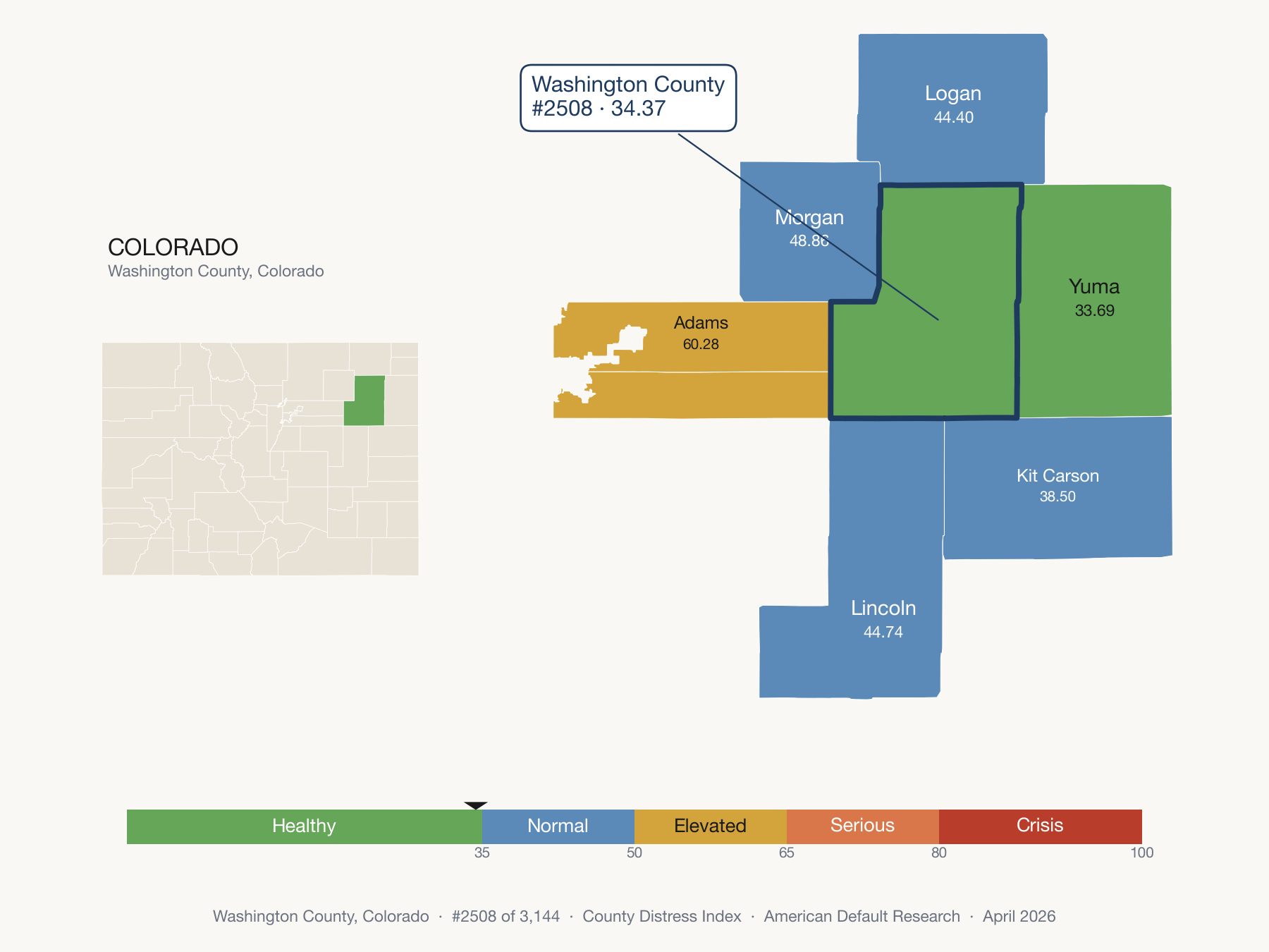 County Distress Index cluster map. Washington County, Colorado and its neighbors colored by distress fifth.