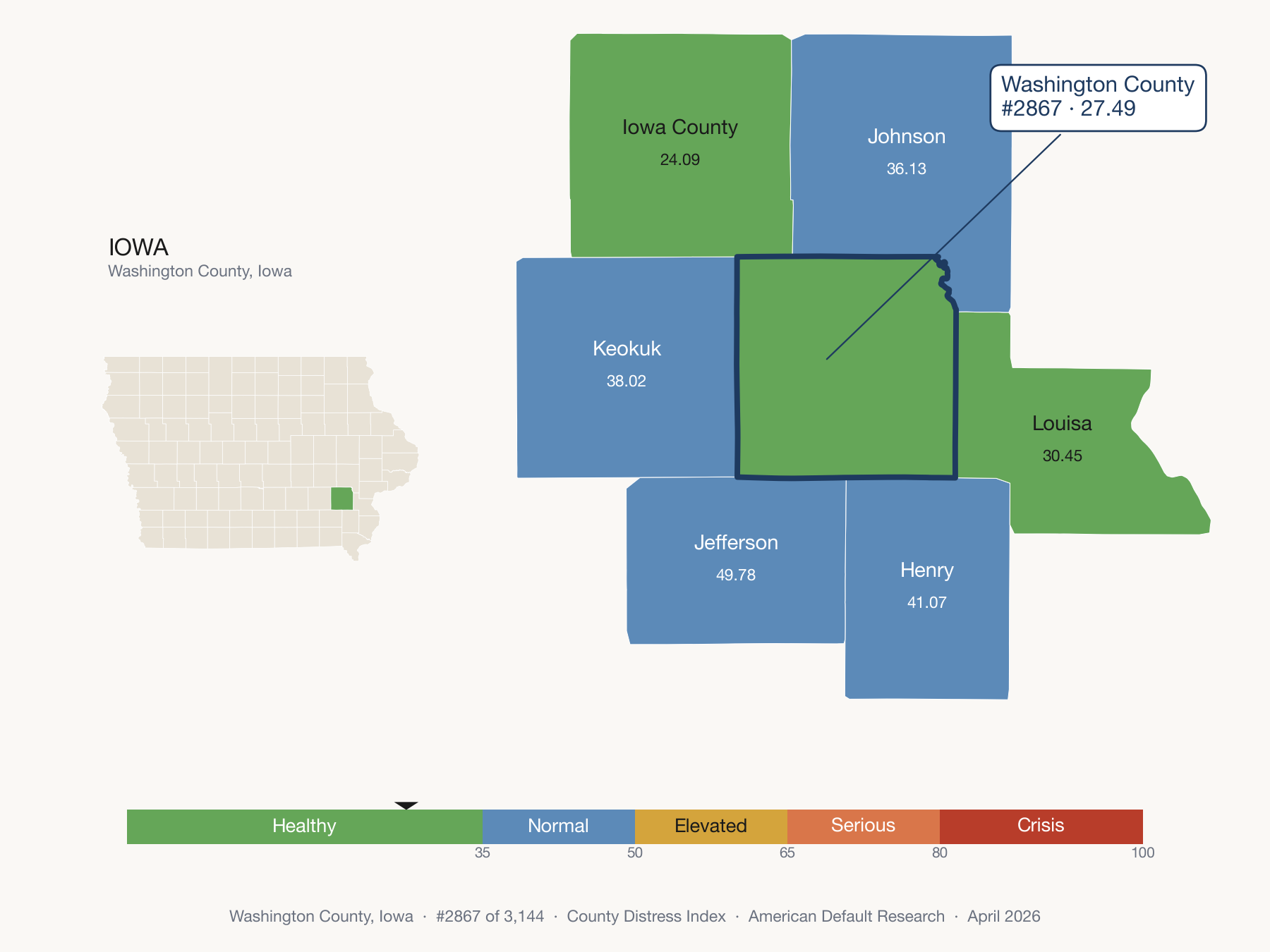 County Distress Index cluster map. Washington County, Iowa and its neighbors colored by distress fifth.