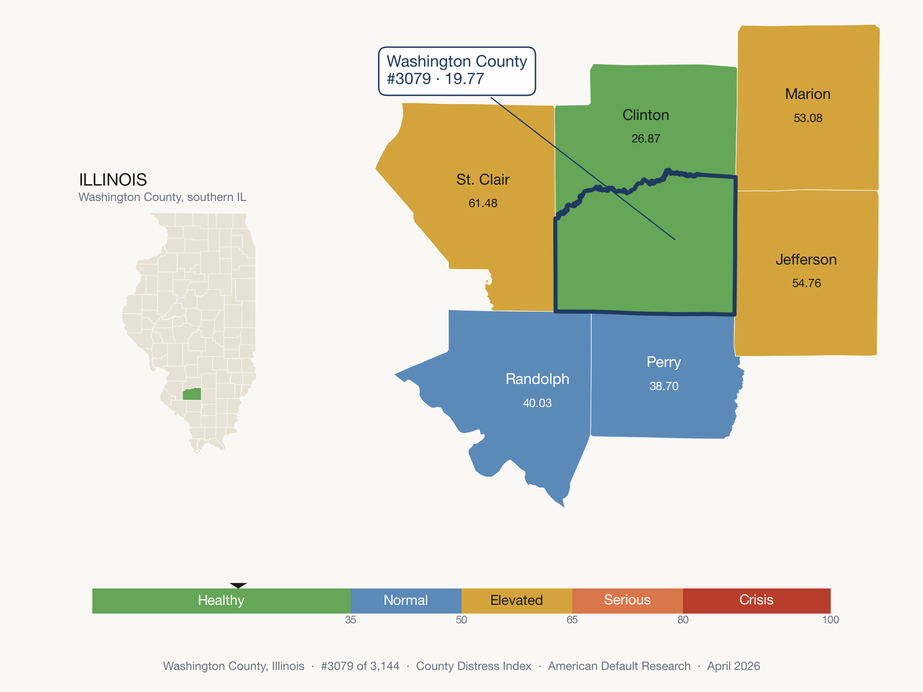 County Distress Index cluster map. Washington County, Illinois and its neighbors colored by distress fifth.