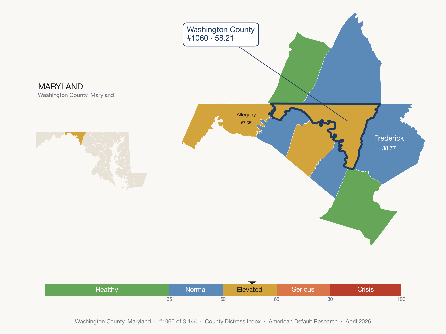 County Distress Index cluster map. Washington County, Maryland and its neighbors colored by distress fifth.