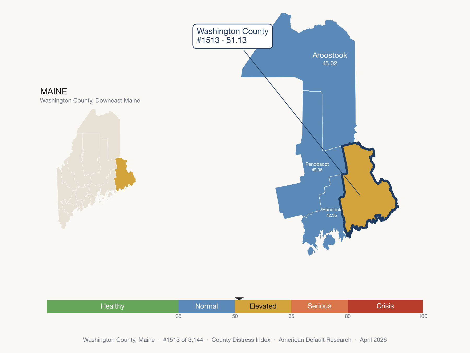 County Distress Index cluster map. Washington County, Maine and its neighbors colored by distress fifth.