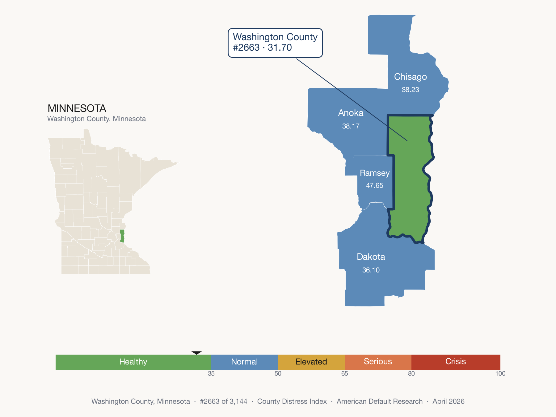 County Distress Index cluster map. Washington County, Minnesota and its neighbors colored by distress fifth.