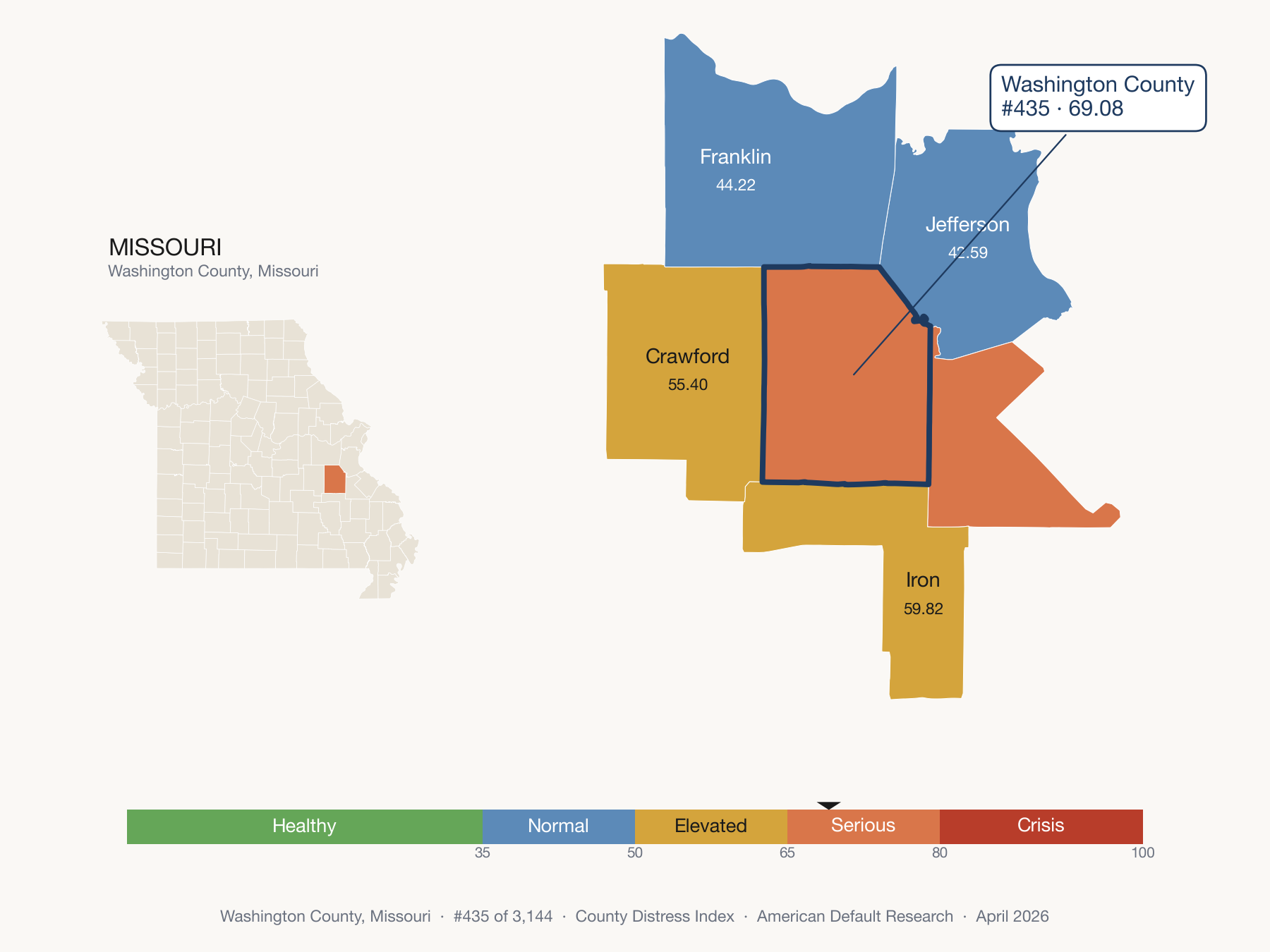 County Distress Index cluster map. Washington County, Missouri and its neighbors colored by distress fifth.
