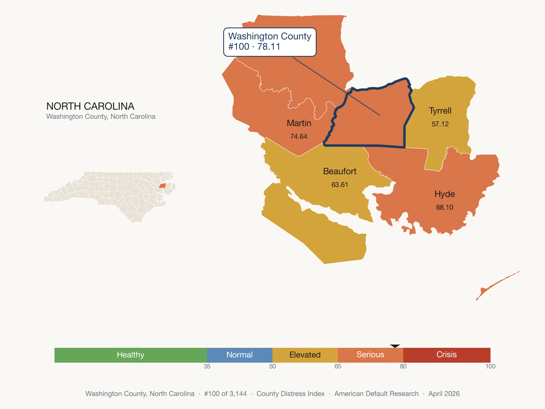 County Distress Index cluster map. Washington County, North Carolina and its neighbors colored by distress fifth.