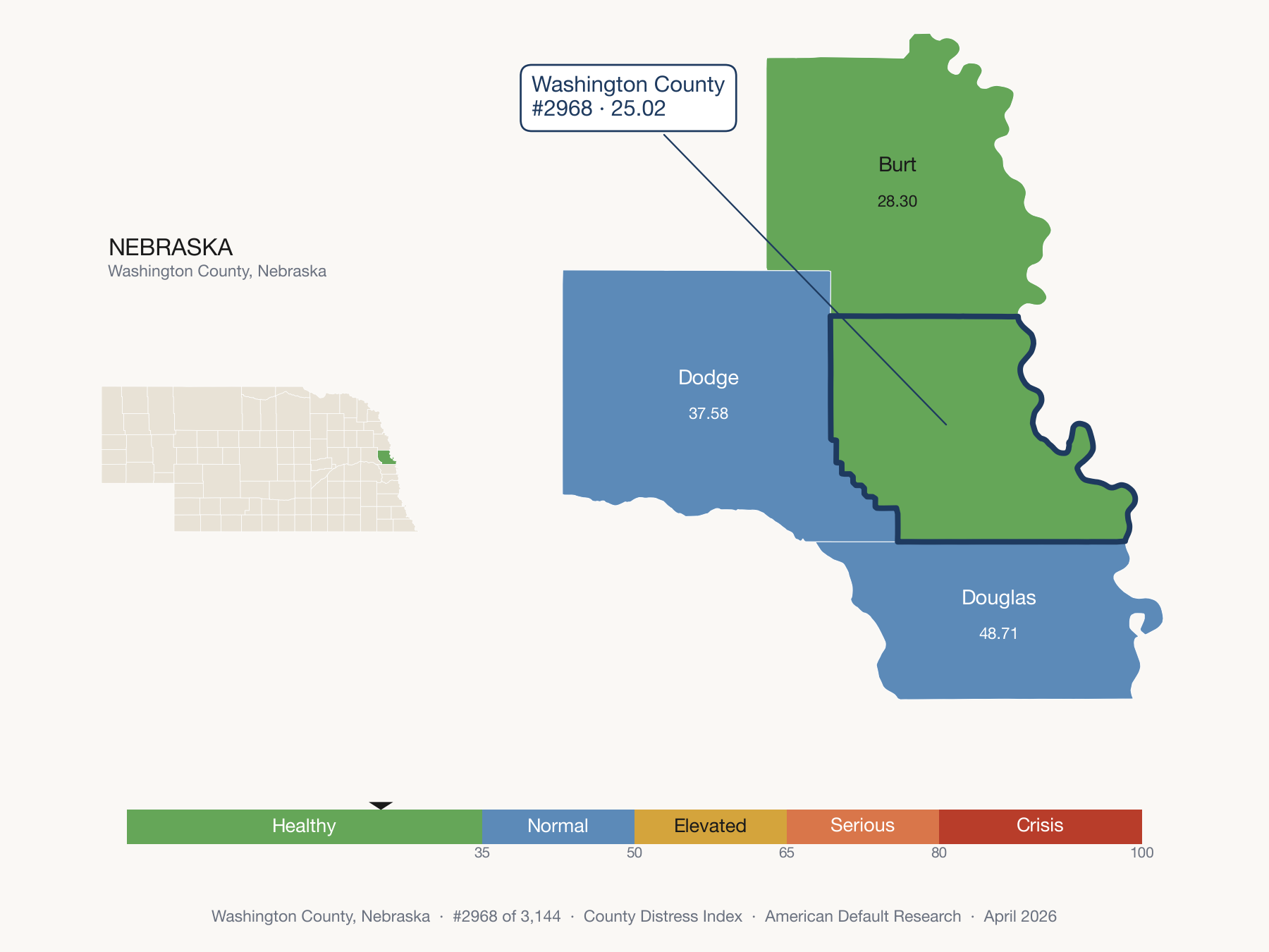 County Distress Index cluster map. Washington County, Nebraska and its neighbors colored by distress fifth.