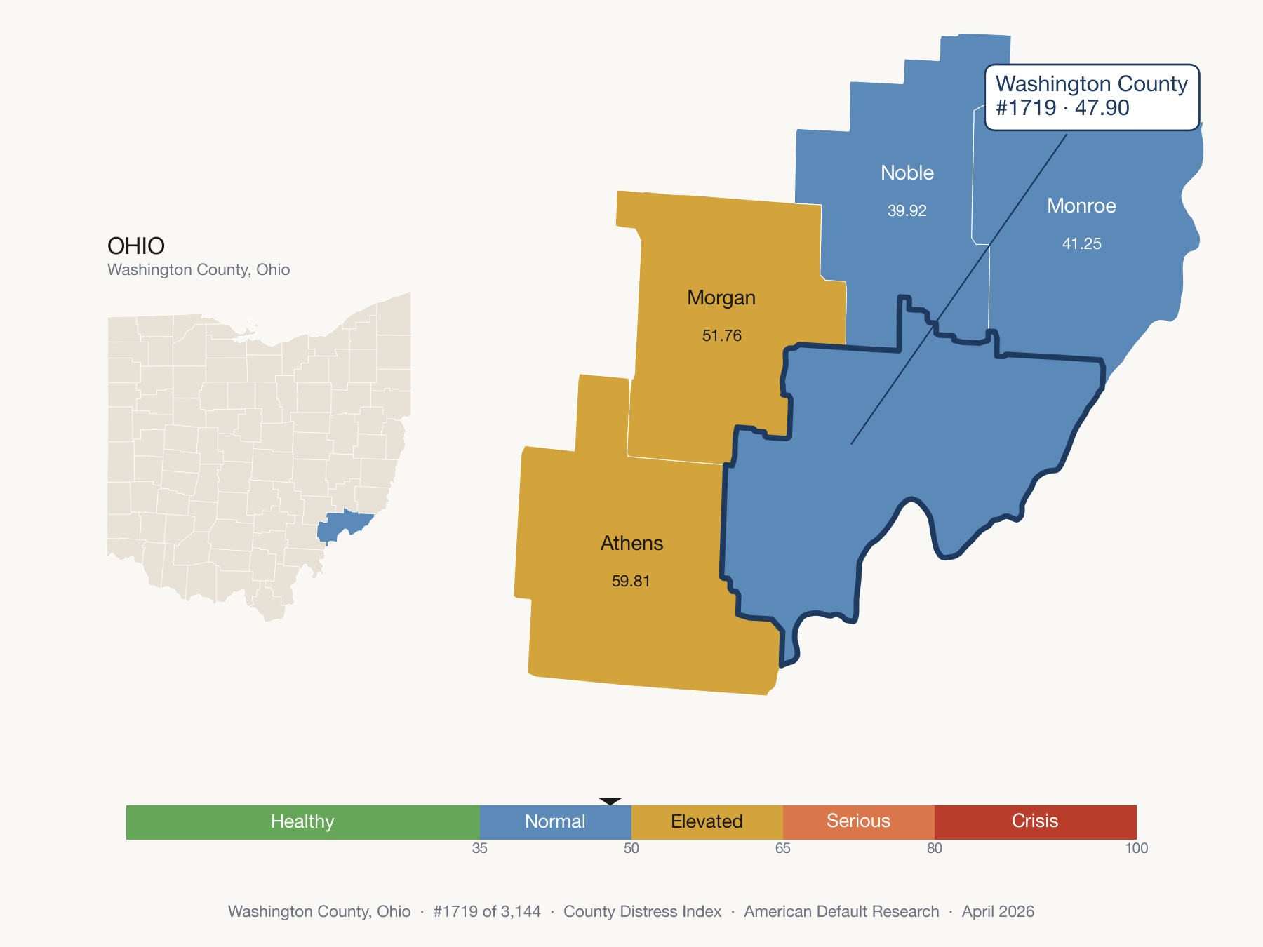County Distress Index cluster map. Washington County, Ohio and its neighbors colored by distress fifth.