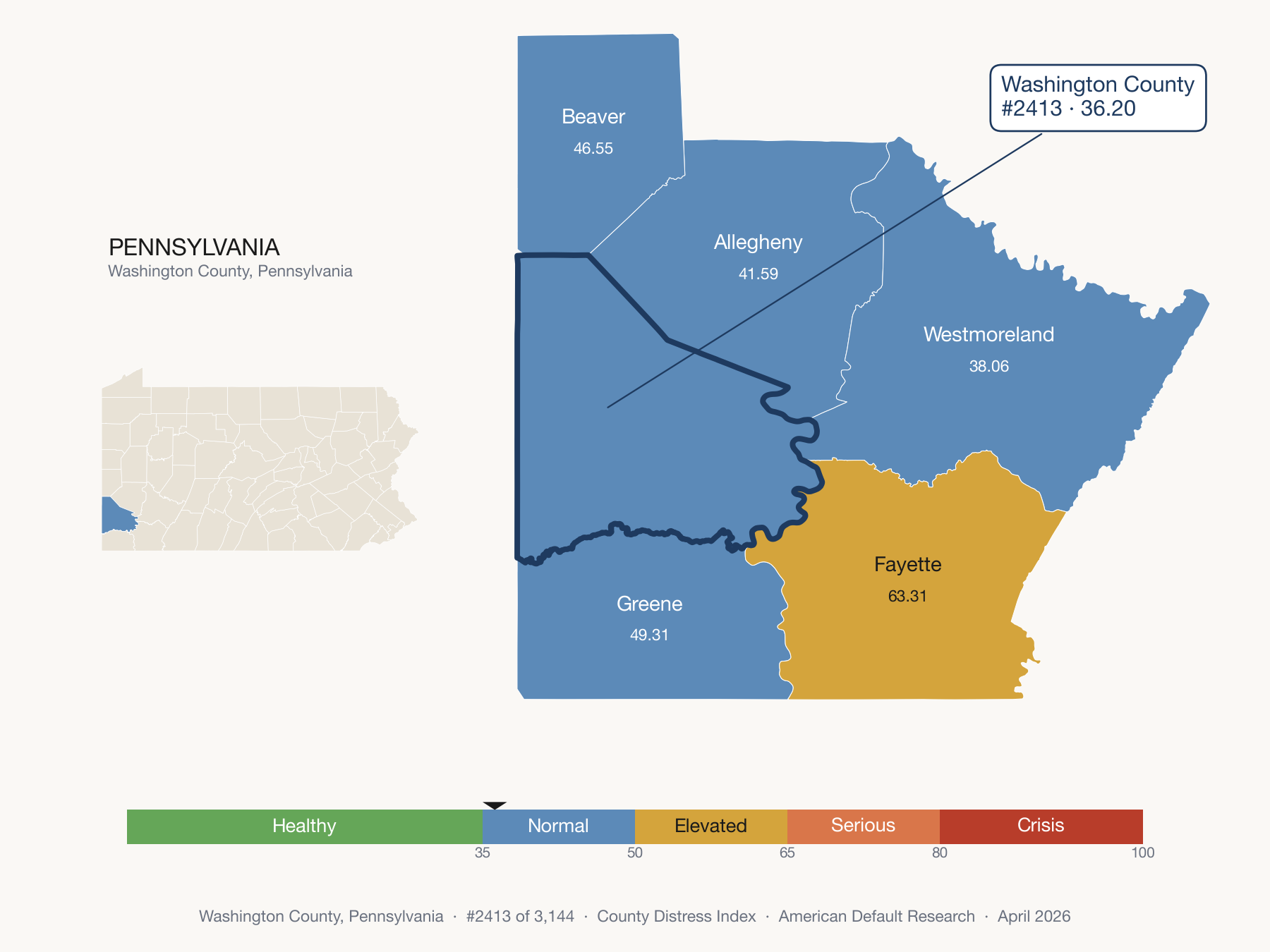 County Distress Index cluster map. Washington County, Pennsylvania and its neighbors colored by distress fifth.