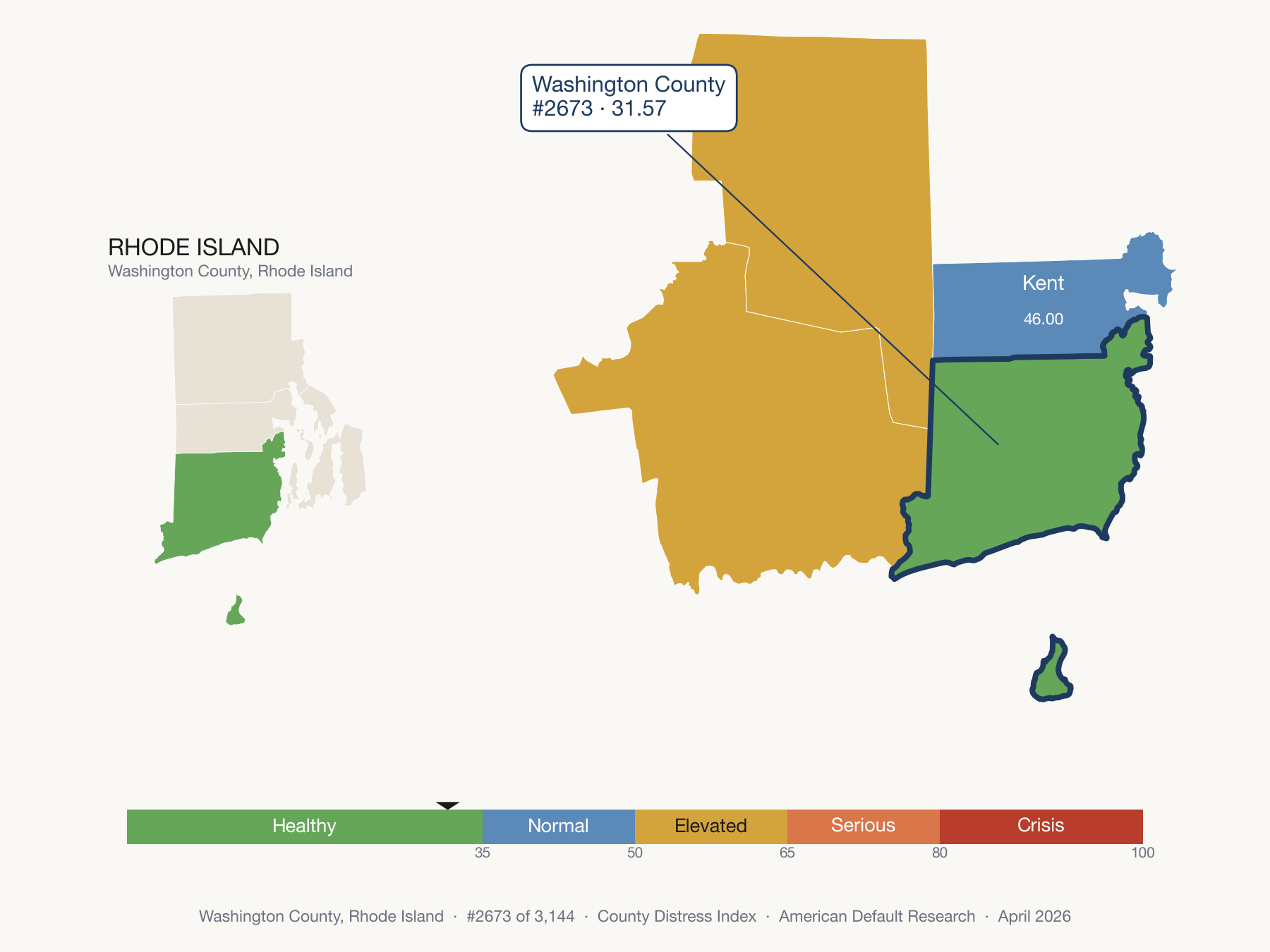 County Distress Index cluster map. Washington County, Rhode Island and its neighbors colored by distress fifth.
