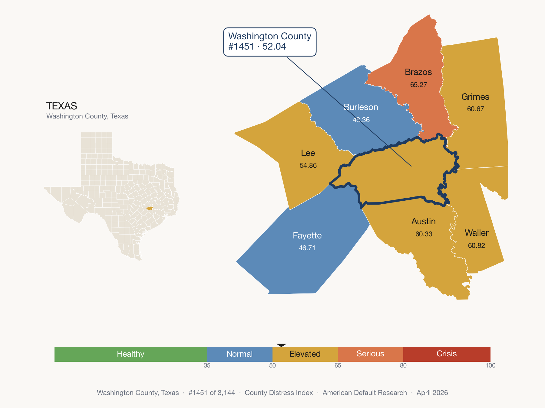 County Distress Index cluster map. Washington County, Texas and its neighbors colored by distress fifth.