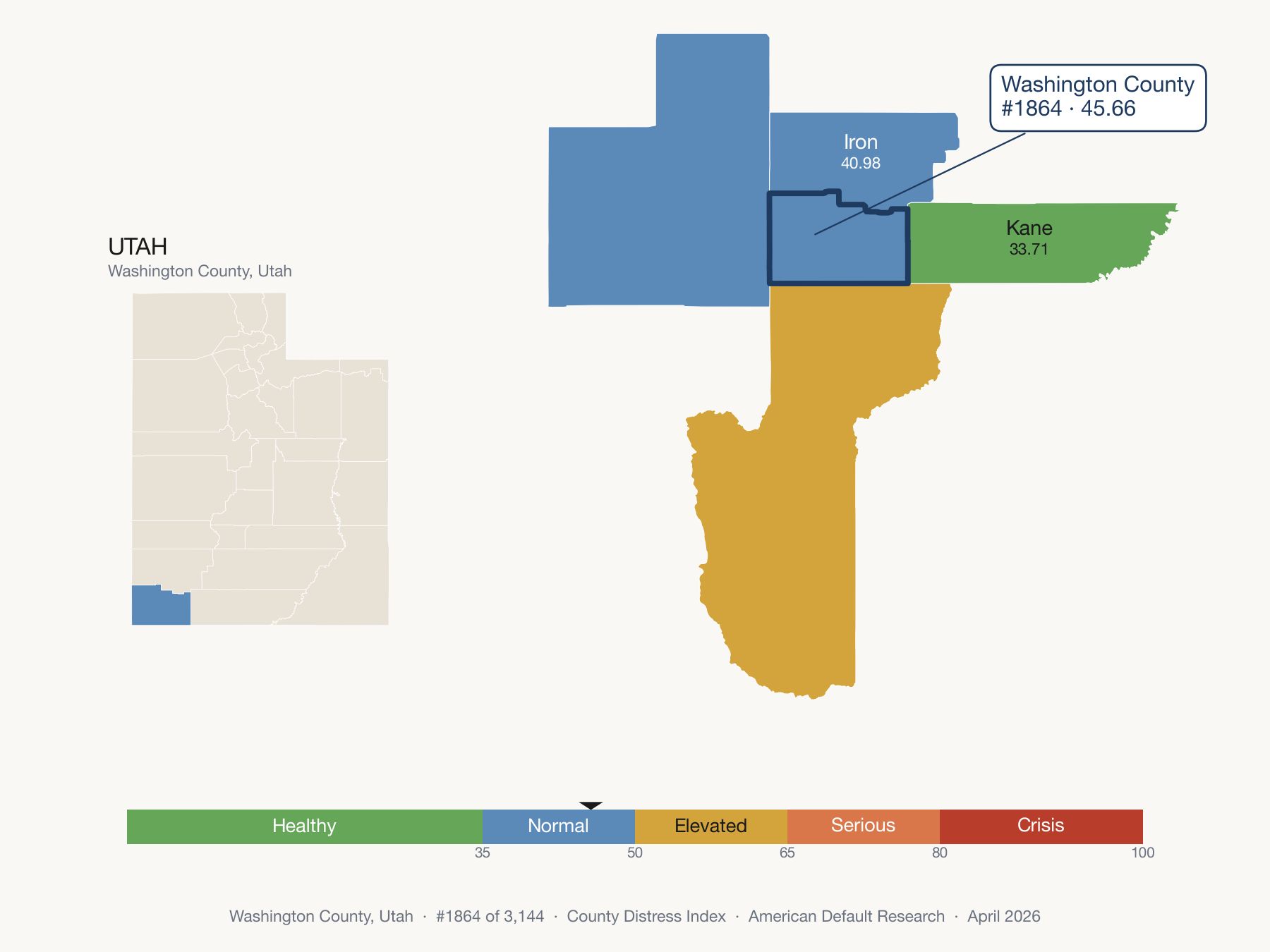County Distress Index cluster map. Washington County, Utah and its neighbors colored by distress fifth.