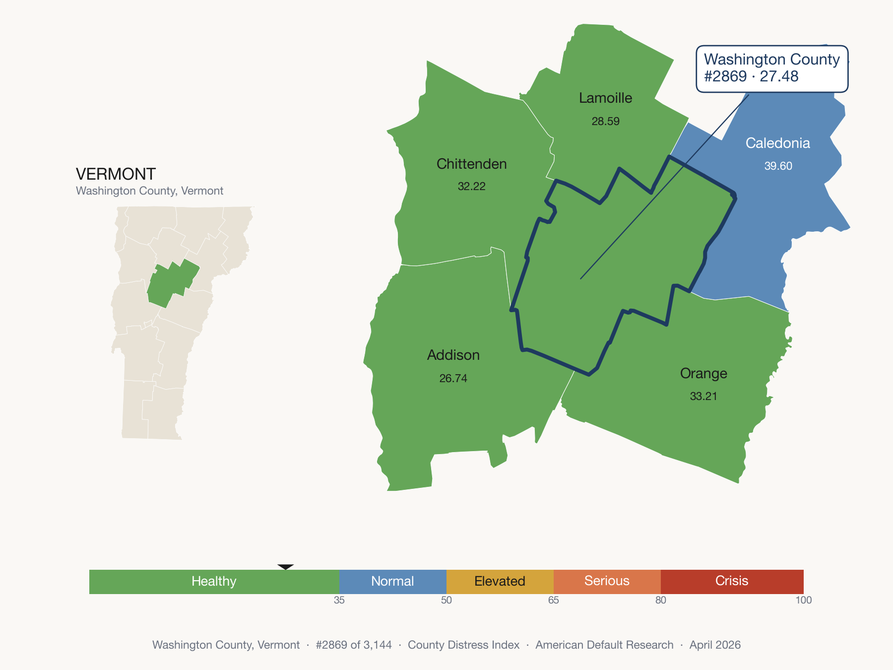 County Distress Index cluster map. Washington County, Vermont and its neighbors colored by distress fifth.