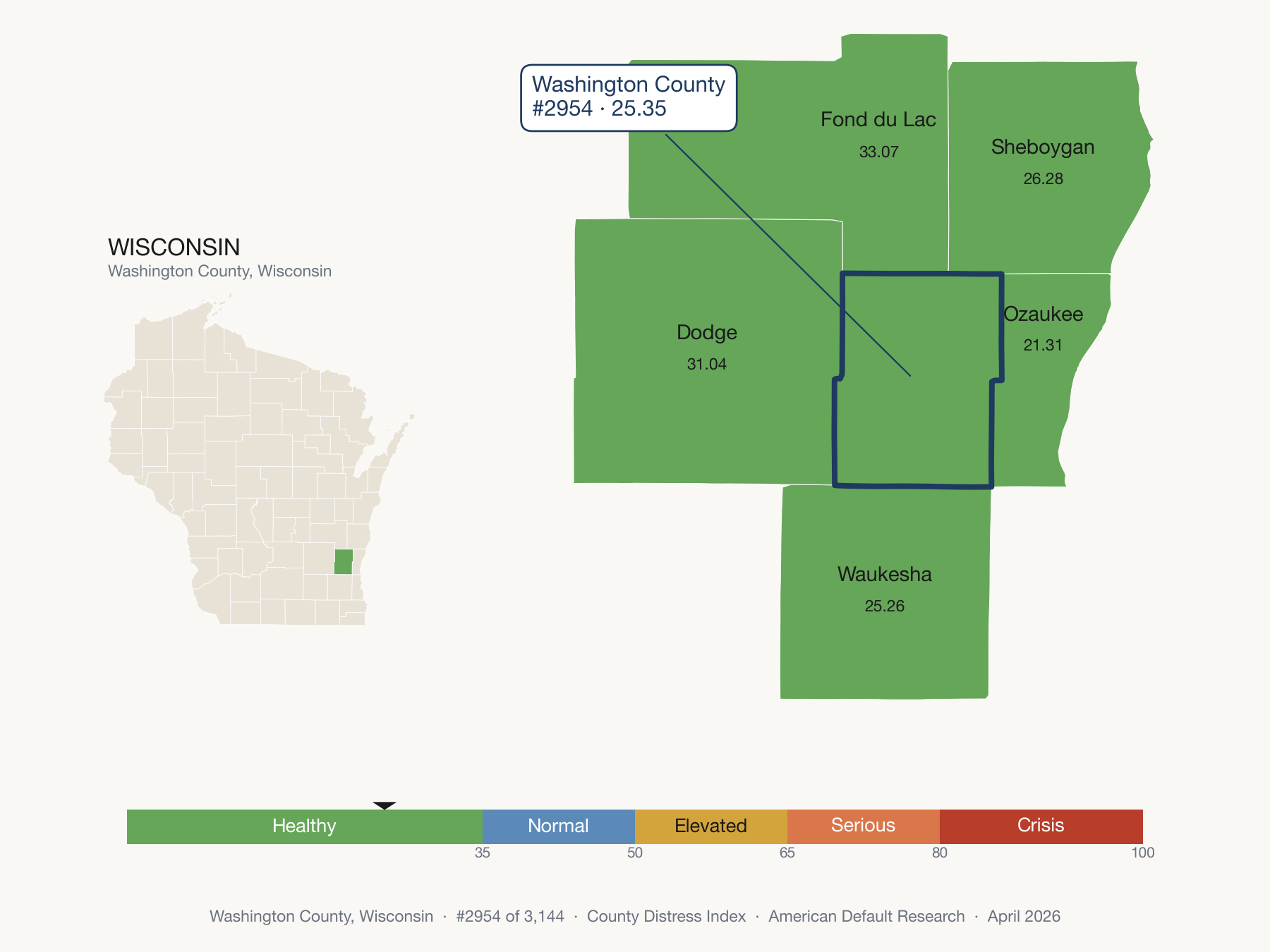County Distress Index cluster map. Washington County, Wisconsin and its neighbors colored by distress fifth.