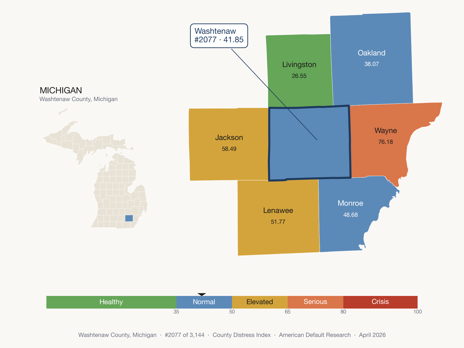 County Distress Index cluster map. Washtenaw County, Michigan and its neighbors colored by distress fifth.