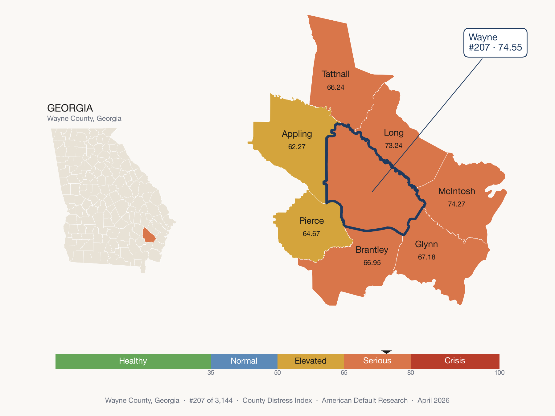 County Distress Index cluster map. Wayne County, Georgia and its neighbors colored by distress fifth.