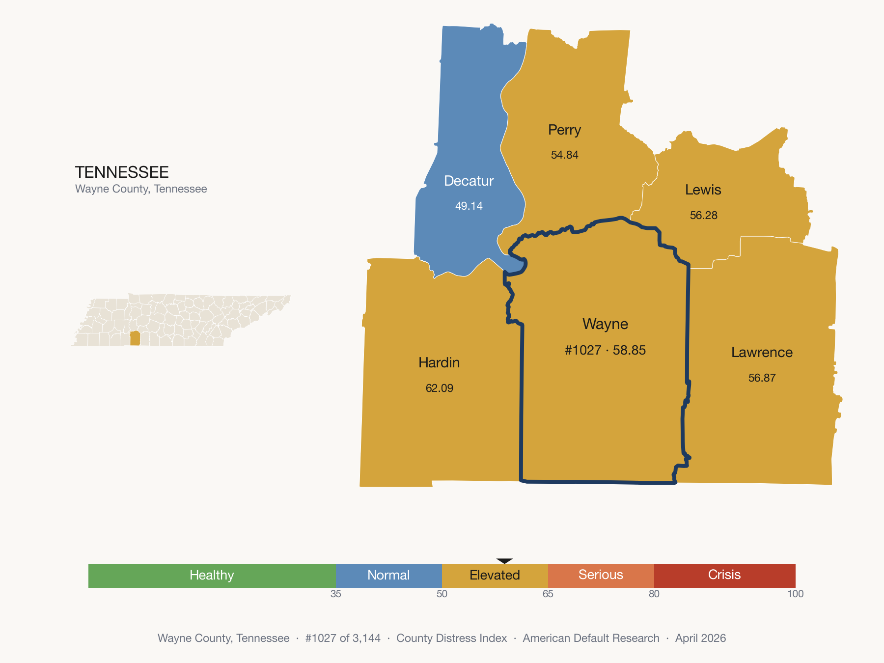 County Distress Index cluster map. Wayne County, Tennessee and its neighbors colored by distress fifth.