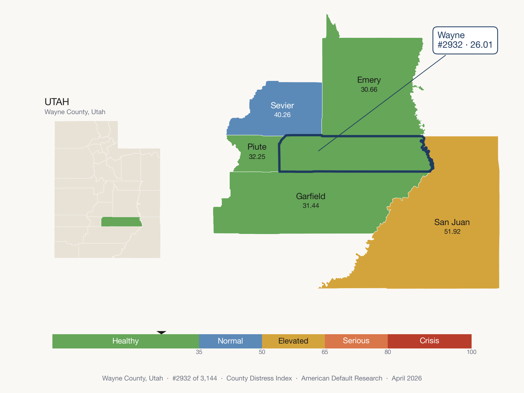 County Distress Index cluster map. Wayne County, Utah and its neighbors colored by distress fifth.