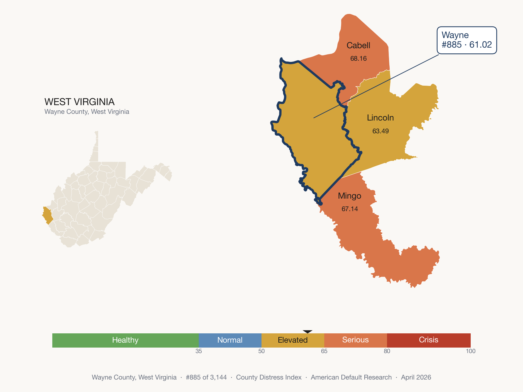 County Distress Index cluster map. Wayne County, West Virginia and its neighbors colored by distress fifth.