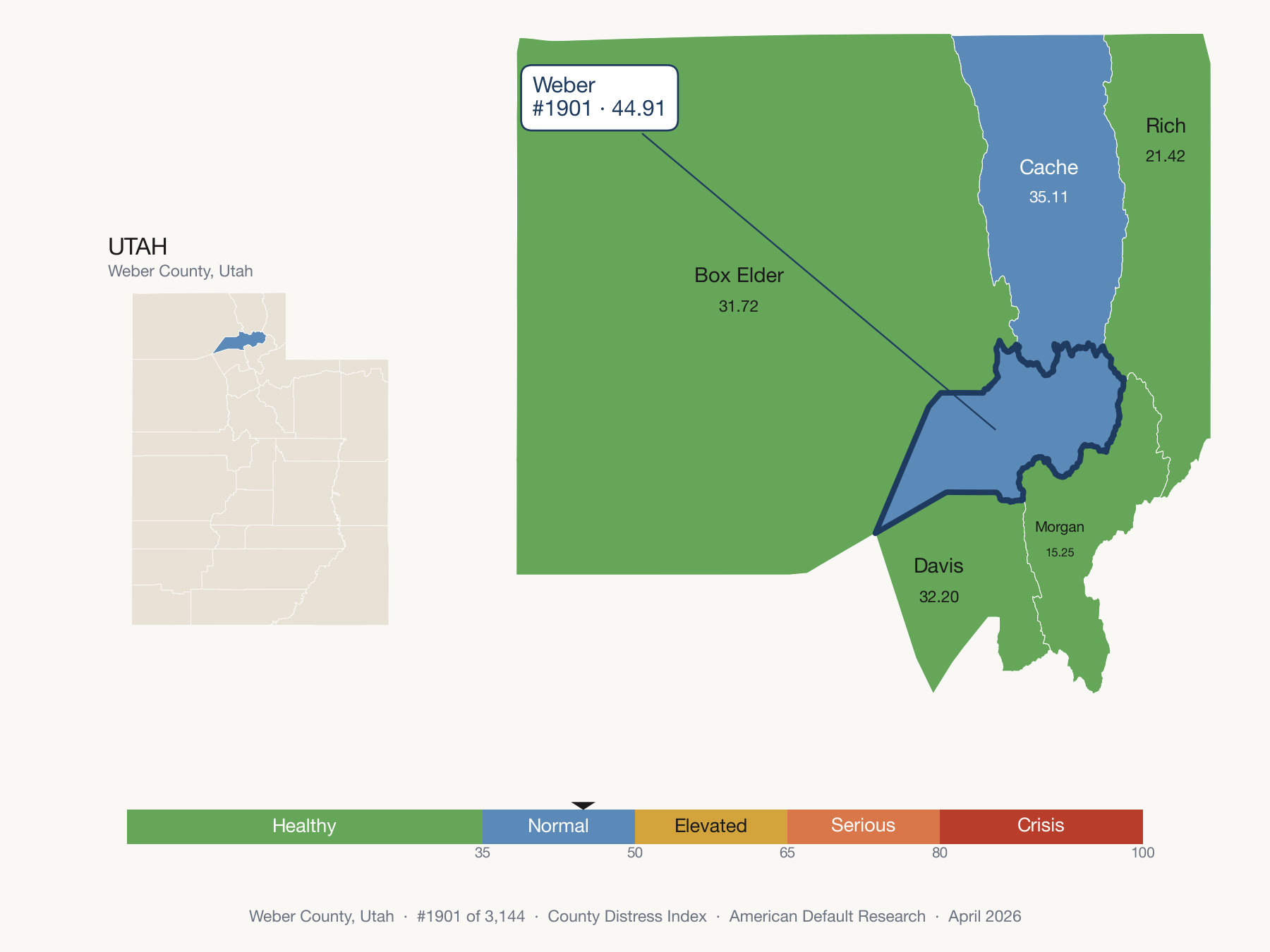 County Distress Index cluster map. Weber County, Utah and its neighbors colored by distress fifth.