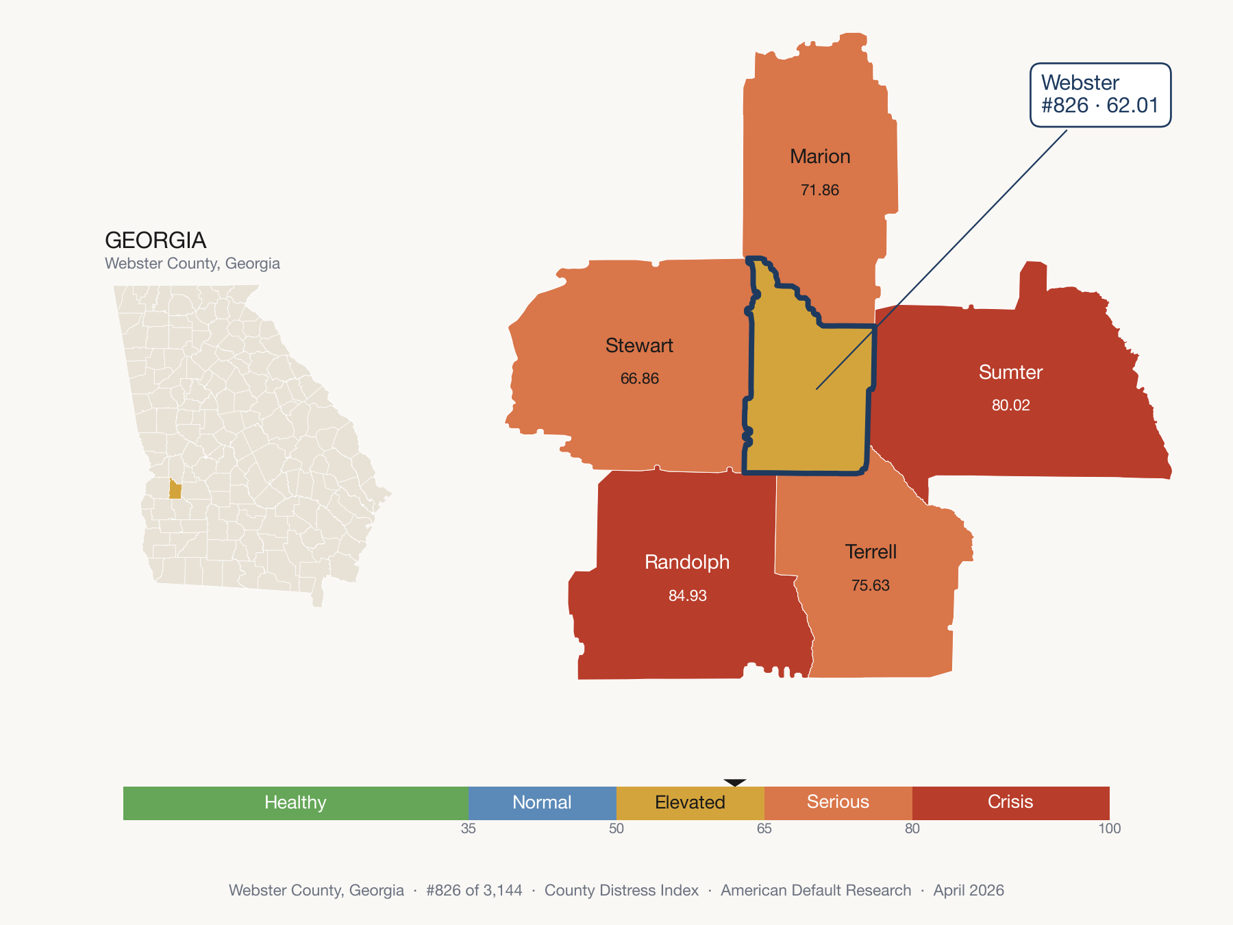 County Distress Index cluster map. Webster County, Georgia and its neighbors colored by distress fifth.