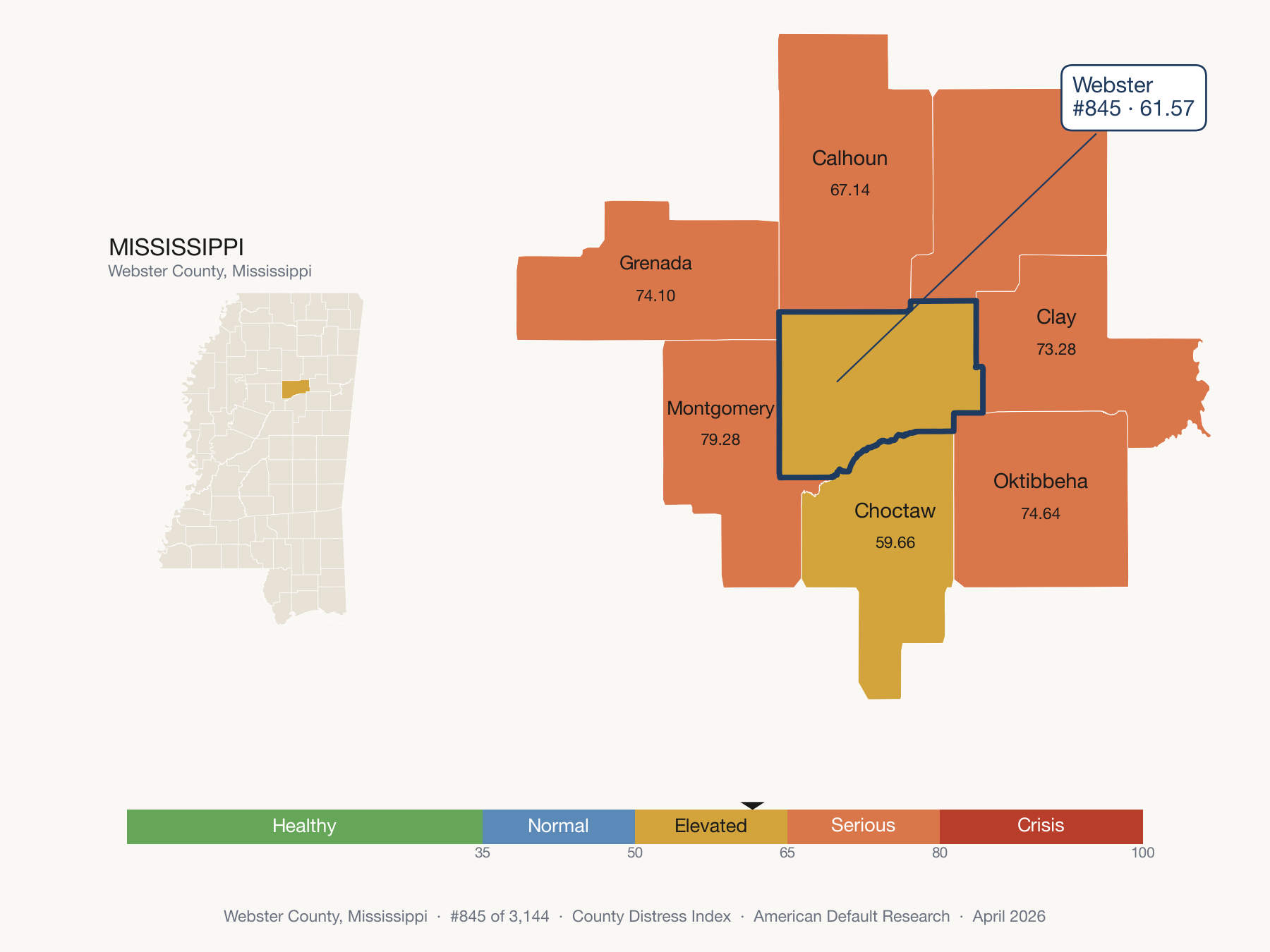 County Distress Index cluster map. Webster County, Mississippi and its neighbors colored by distress fifth.