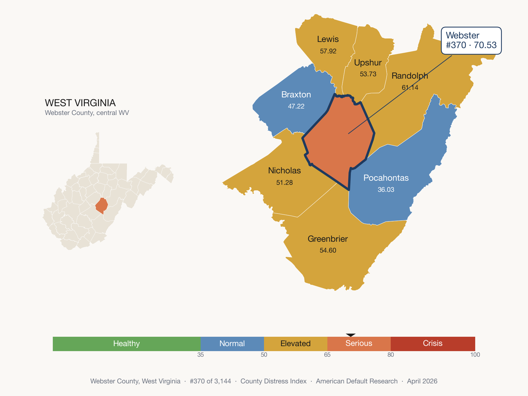 County Distress Index cluster map. Webster County, West Virginia and its neighbors colored by distress fifth.