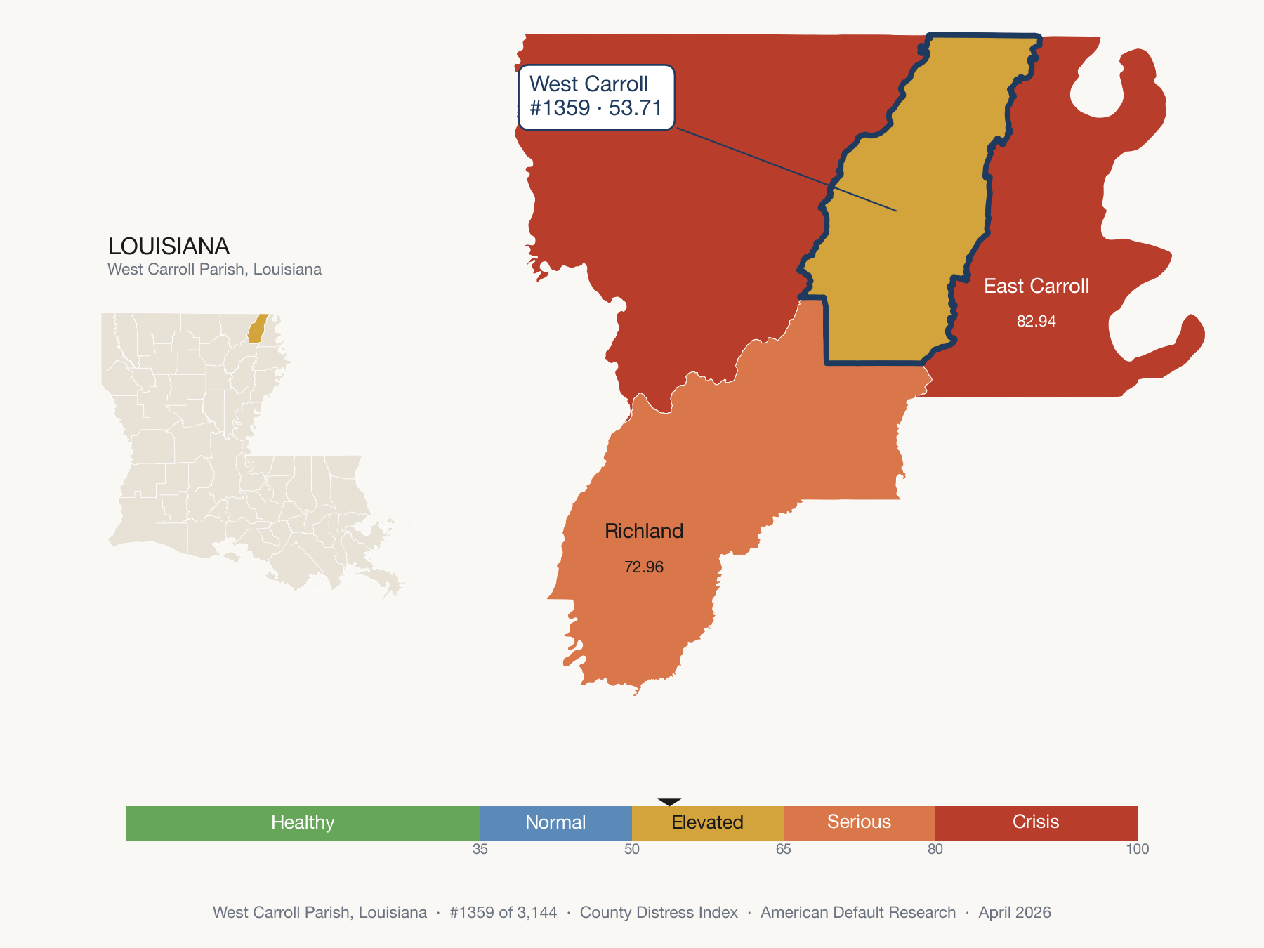 County Distress Index cluster map. West Carroll Parish, Louisiana and its neighbors colored by distress fifth.