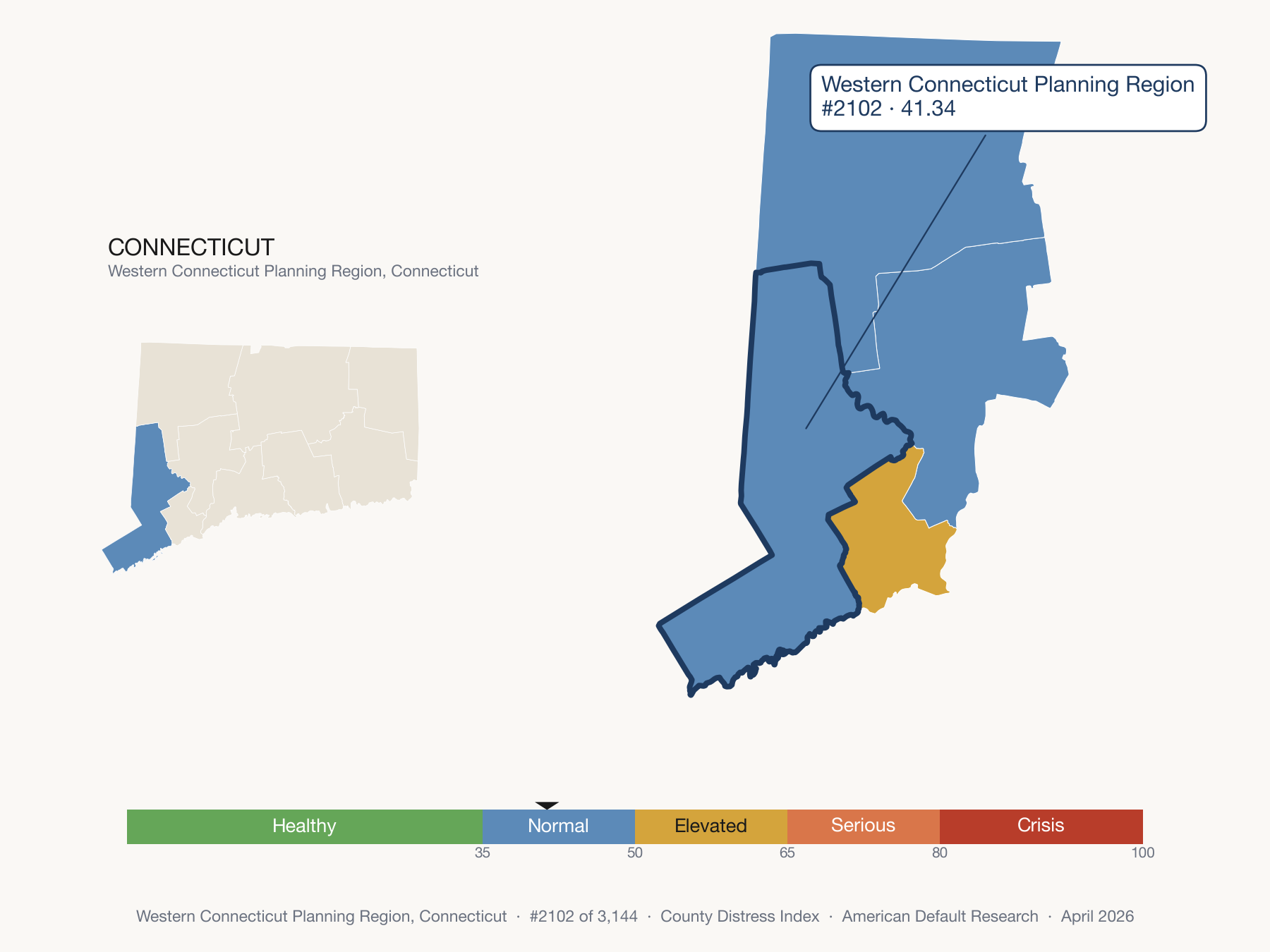 County Distress Index cluster map. Western Connecticut Planning Region, Connecticut and its neighbors colored by distress fifth.