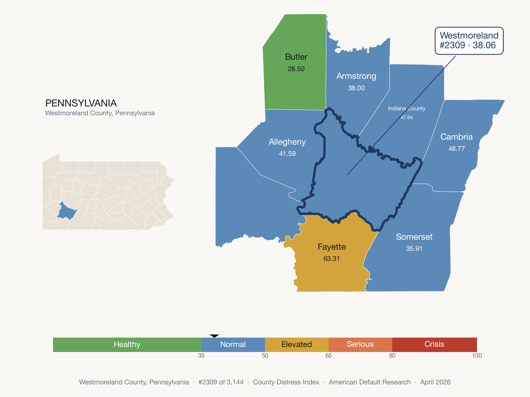County Distress Index cluster map. Westmoreland County, Pennsylvania and its neighbors colored by distress fifth.
