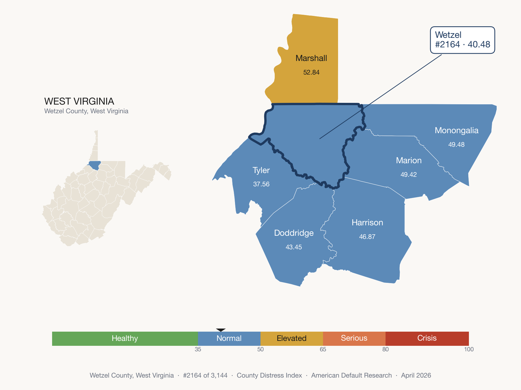 County Distress Index cluster map. Wetzel County, West Virginia and its neighbors colored by distress fifth.