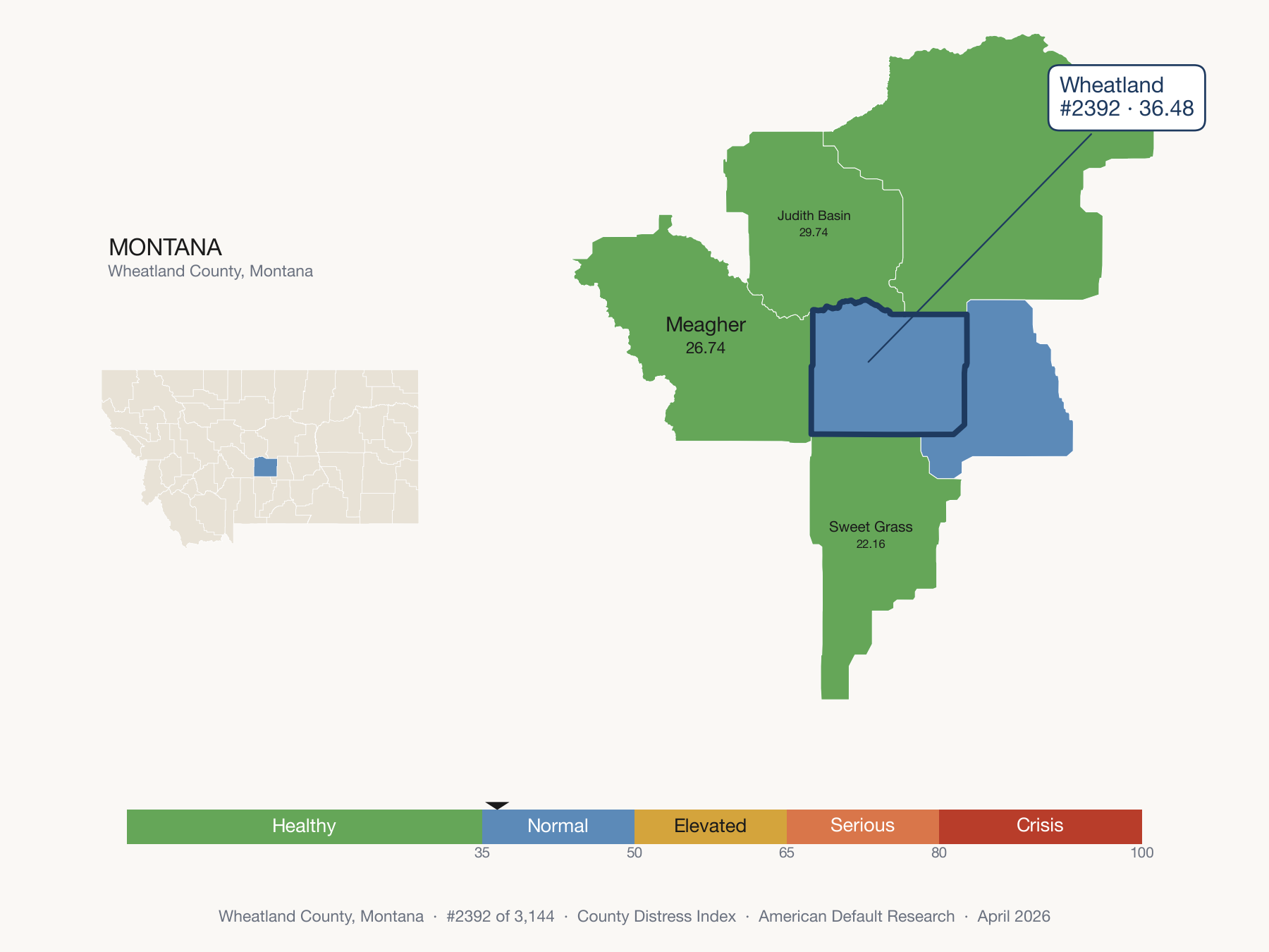 County Distress Index cluster map. Wheatland County, Montana and its neighbors colored by distress fifth.