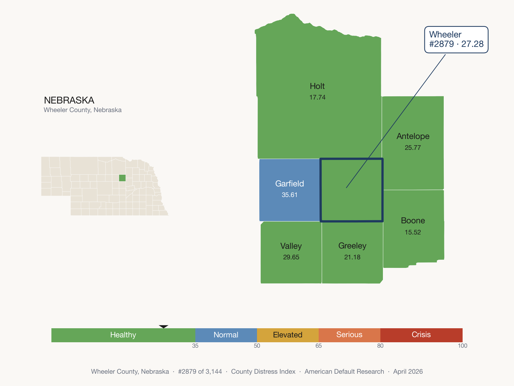 County Distress Index cluster map. Wheeler County, Nebraska and its neighbors colored by distress fifth.