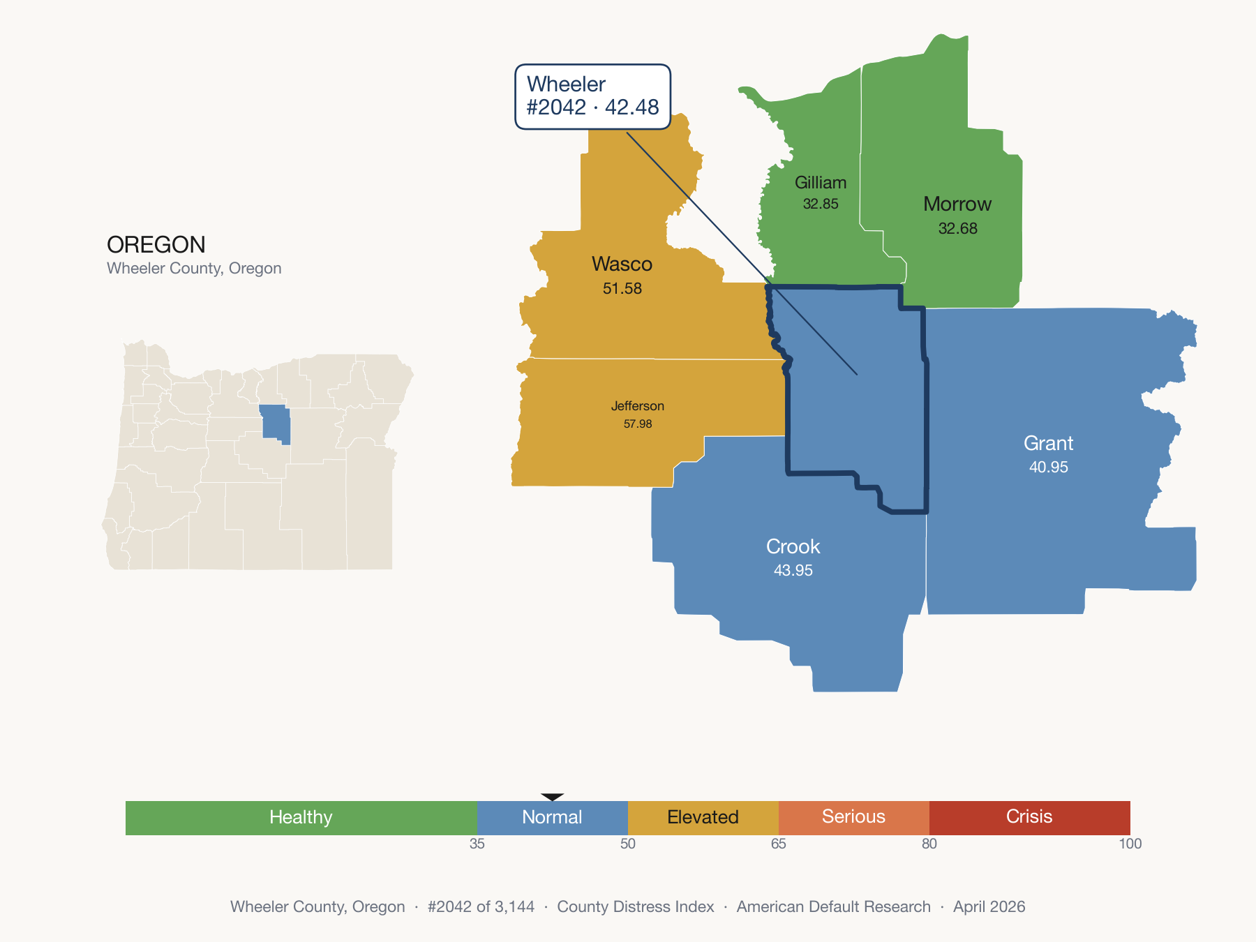 County Distress Index cluster map. Wheeler County, Oregon and its neighbors colored by distress fifth.