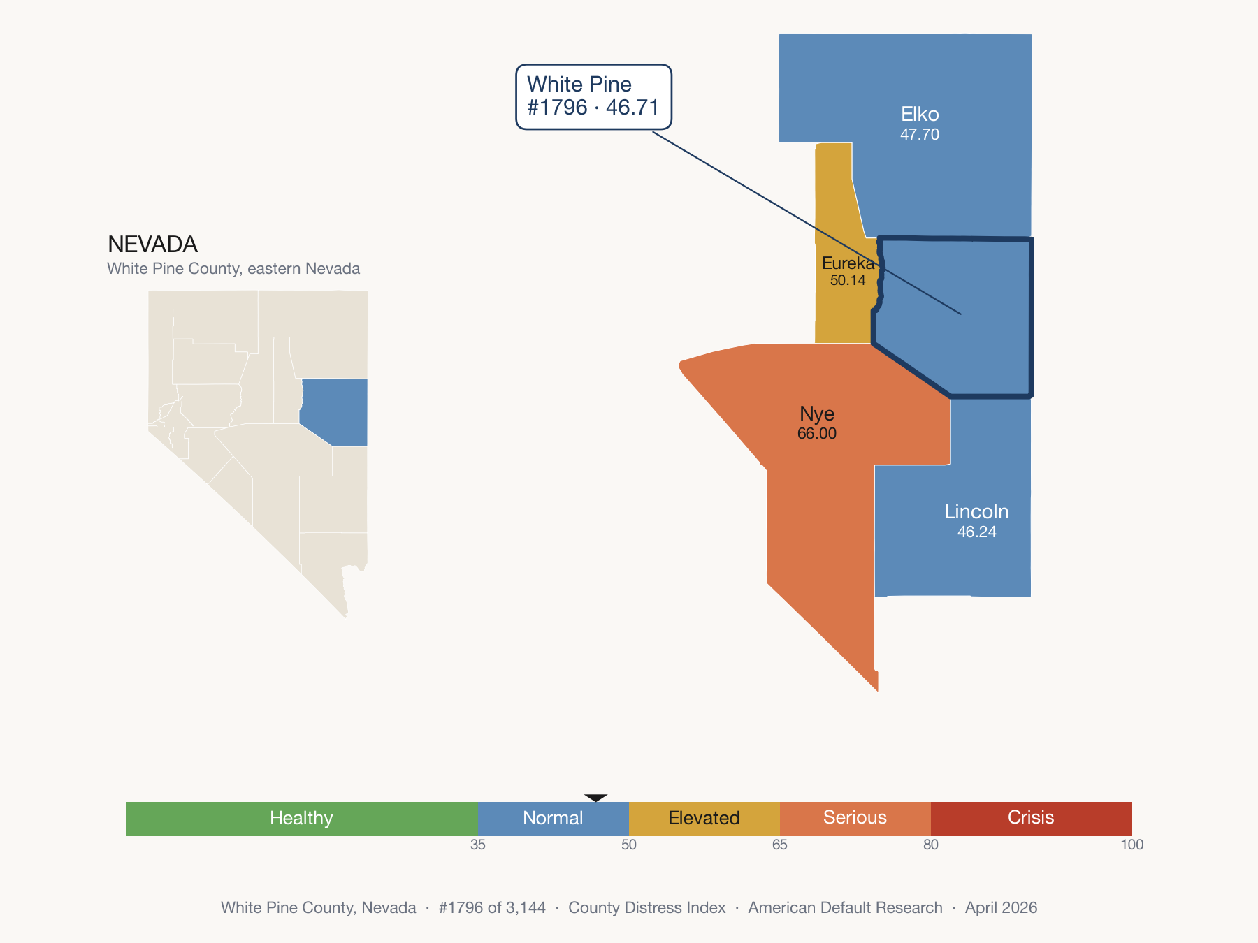 County Distress Index cluster map. White Pine County, Nevada and its neighbors colored by distress fifth.