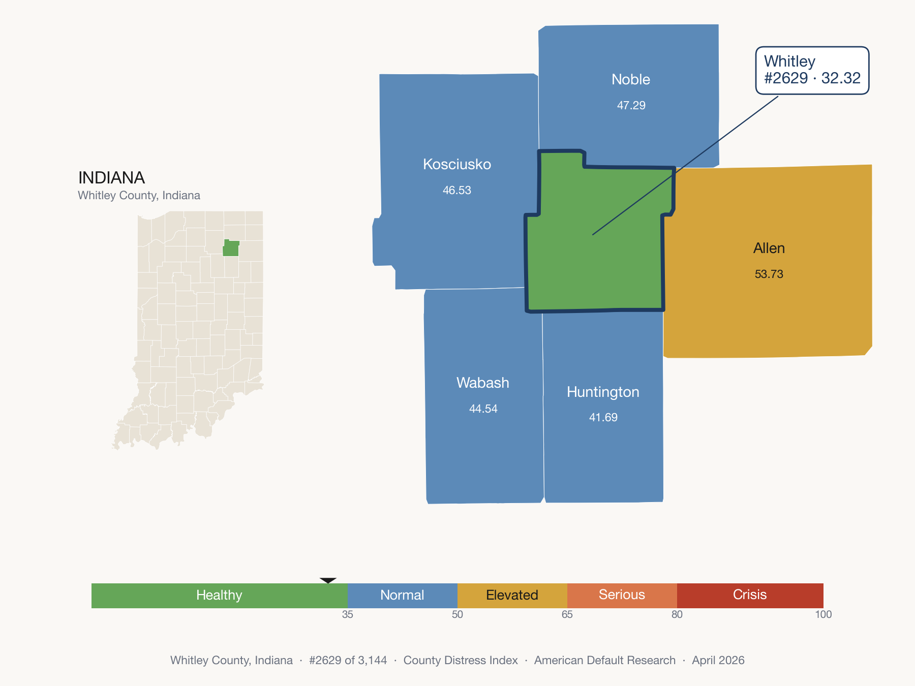 County Distress Index cluster map. Whitley County, Indiana and its neighbors colored by distress fifth.