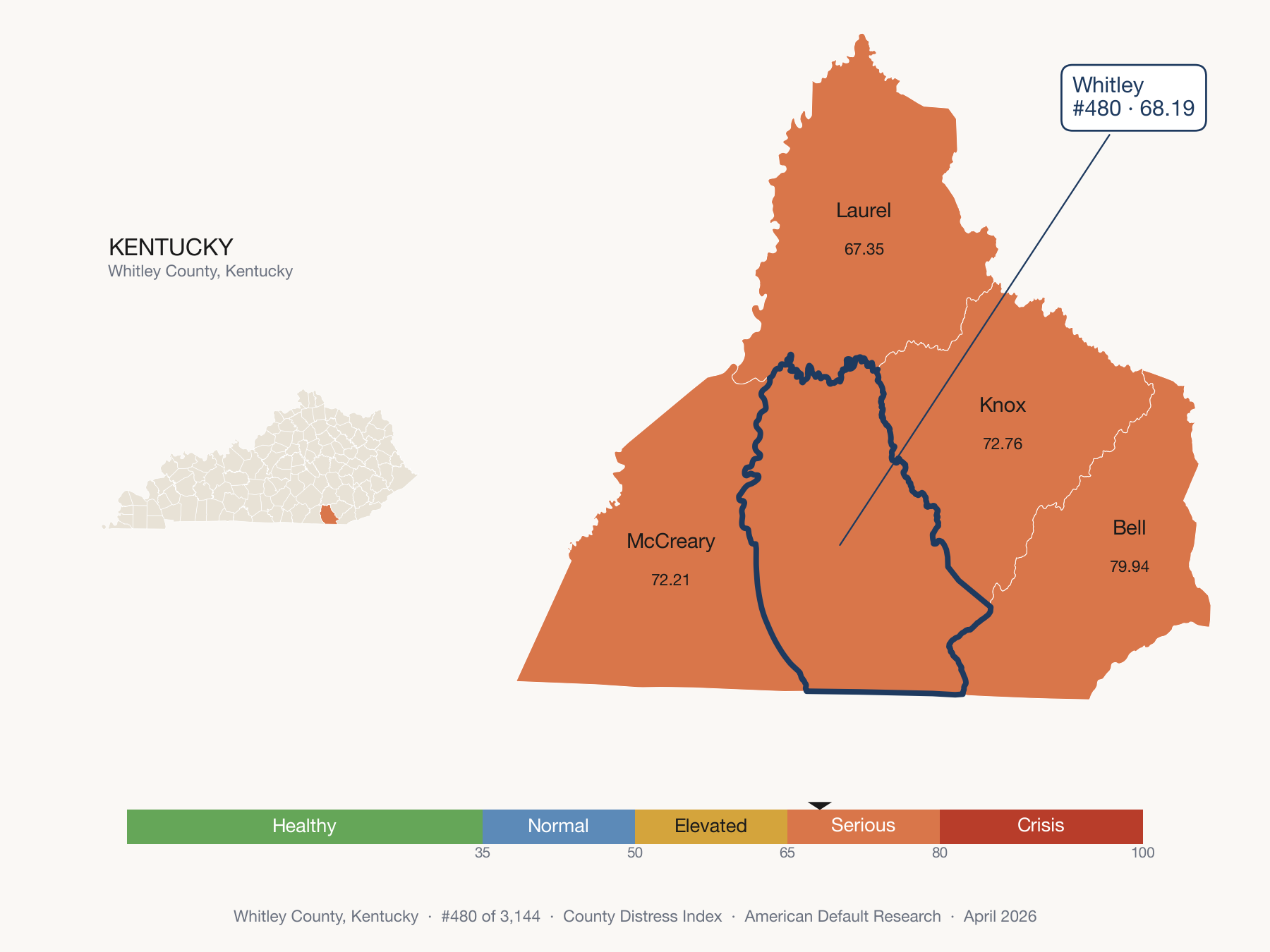 County Distress Index cluster map. Whitley County, Kentucky and its neighbors colored by distress fifth.